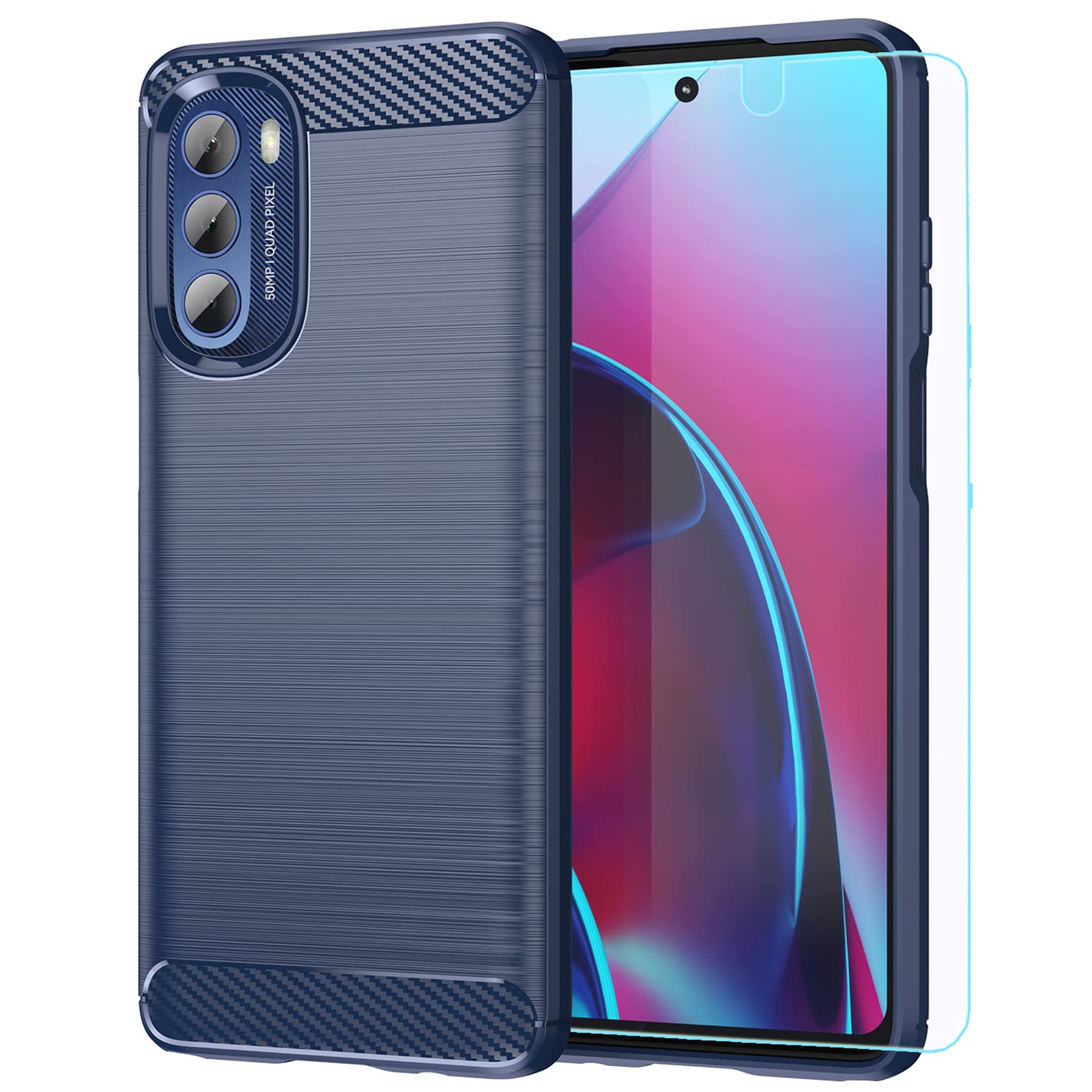 Moto G Stylus 5G 2022 Navy Case with HD Screen Protector, Non-Slip TPU Bumper, Shock-Absorption, Soft Rubber Protection