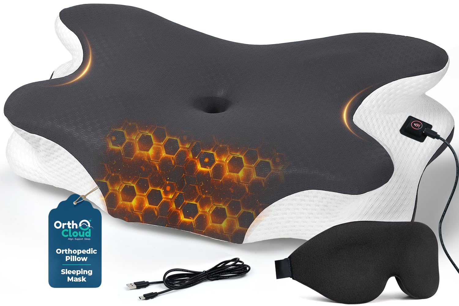 Orthocloud Grey & White Heated Orthopedic Pillow For Neck And Shoulder Pain, Cervical Memory Foam Neck Pillow For Side Sleepers, Back Front Sleeper, Butterfly Pillows With 3 Heat Levels & Free Eye Mask