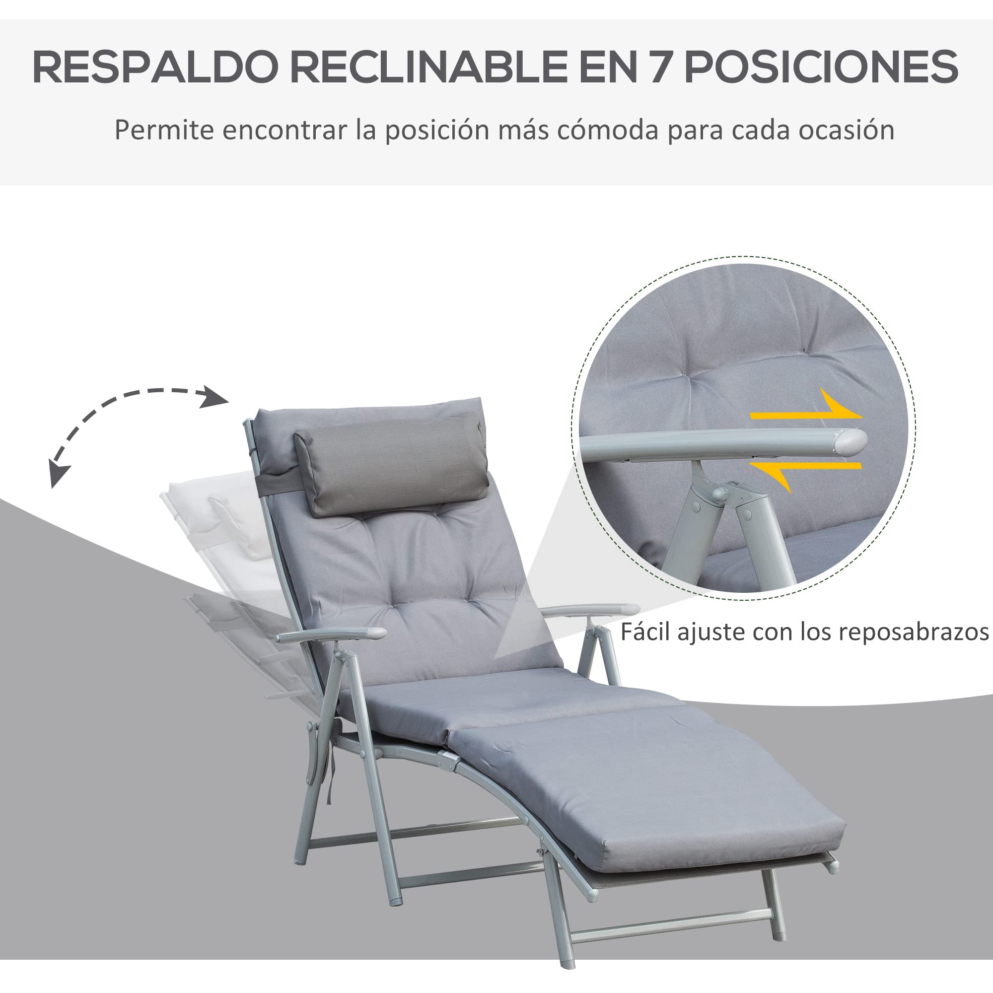 Outsunny Tumbona Plegable Tumbona de Jardín con Respaldo Ajustable en 7 Posiciones con Cojín Cuerpo Entero y Cabeza para Terraza Piscina Carga 165 kg 137x63,5x100,5 cm Gris