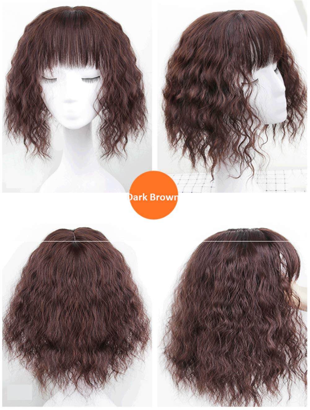 Curly Synthetic Hair Toppers with Bangs for Women with Thinning Hair, 14" Clip in Hair Pieces, Dark Brown, Thin Style
