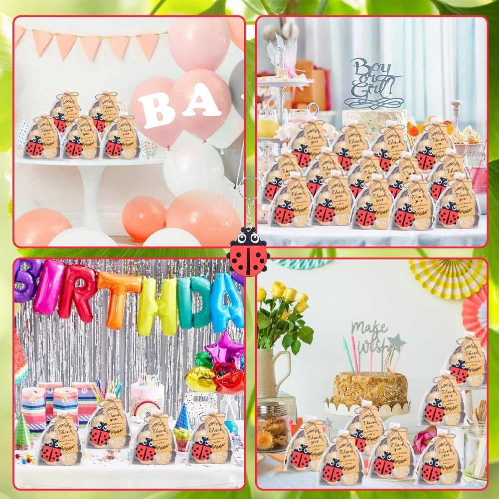 Confezione 20 Bomboniere a Tema Coccinella, Include 20 Portachiavi, 20 Etichette E 20 Sacchetti Regalo per Feste a Tema Coccinella, Baby Shower, Compleanni, Riempitivi per Sacchetti Regalo