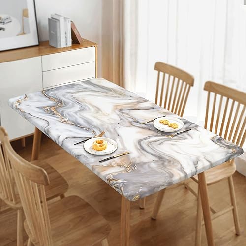 Miniatura 7 de Mantel rectangular con borde elástico color gris mármol, lavable, reutilizable, para cocina, comedor, picnic, fiesta, 5 pies, 60 x 30 pulgadas