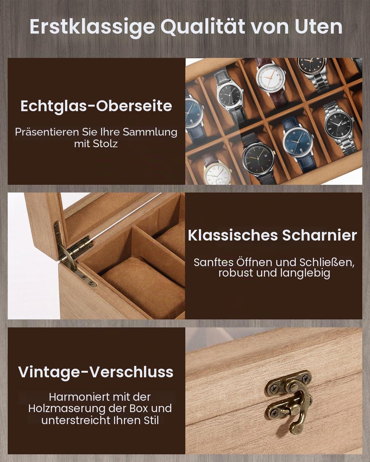 Uten Uhrenbox mit 12 Fächern, 2 Ebenen Uhrenkasten aus Massivholz mit Glasdeckel, Uhrenkissen Seidenbaumwolle, Schmuckaufbewahrung, Geschenkidee，Braunes Futter