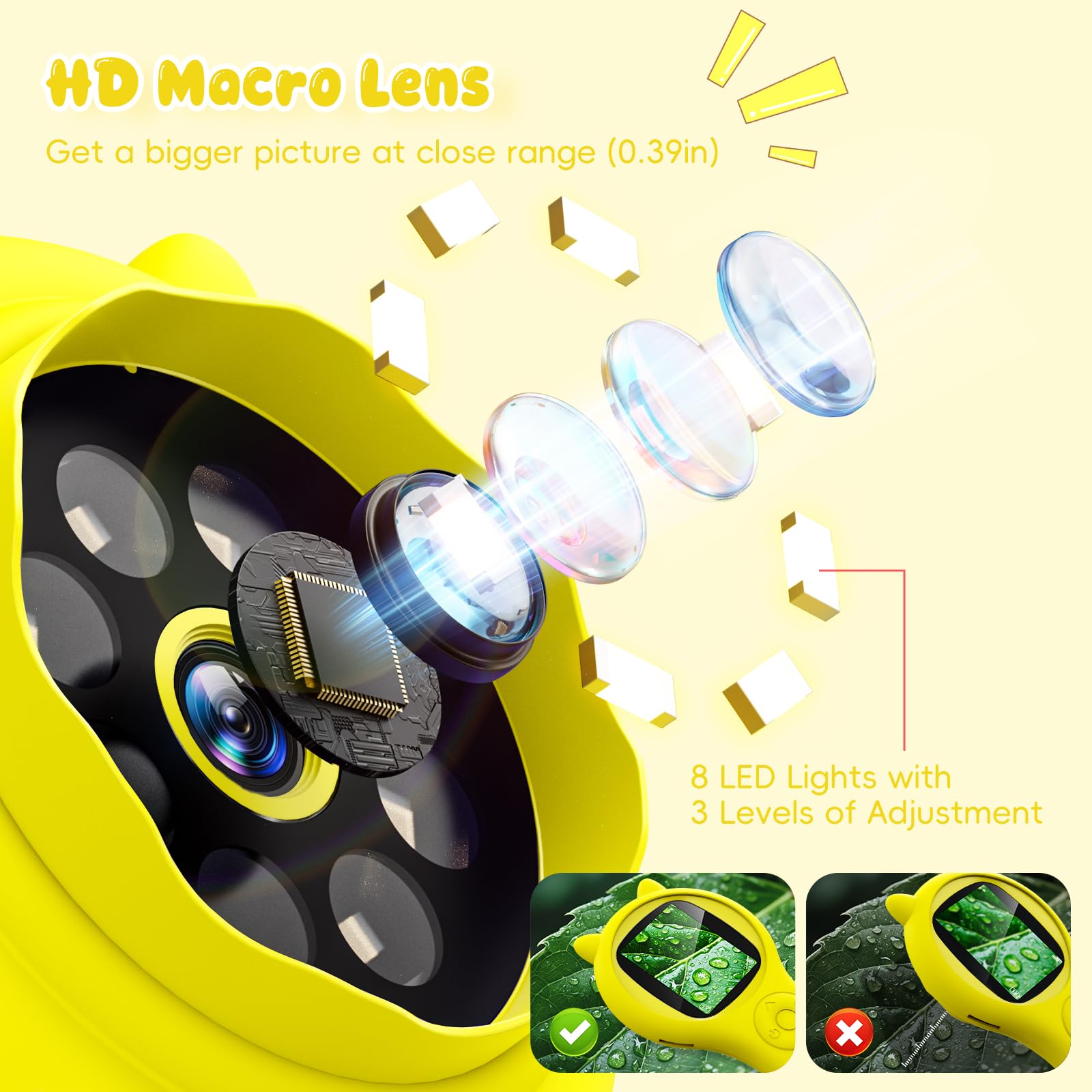 Microscopio per bambini 200X- 2 Pollici Microscopio Portatile con 8 LED Regolabili, MicroscopioDigitale Supporta la Registrazione di Foto e Video, Regalo di Natale per Bambini dai 3-12 Anni (Giallo)