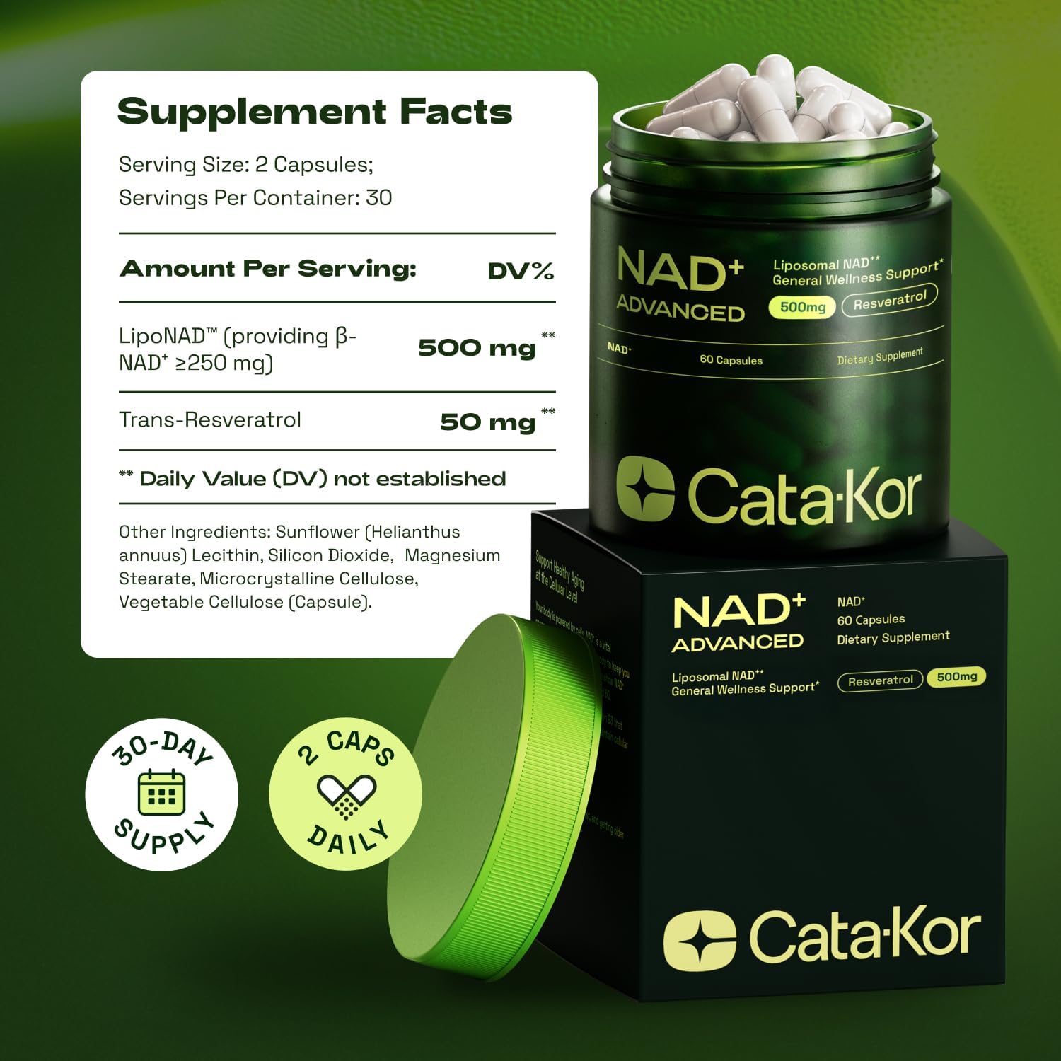 Cata-Kor NAD+ Supplement & Ca-AKG Complex - Liposomal NAD+ Supplement with Resveratrol (60 Capsules) & Ca-AKG, MSM, Hyaluronic Acid & Biotin Beauty Complex (90 Capsules) – Third-Party Tested