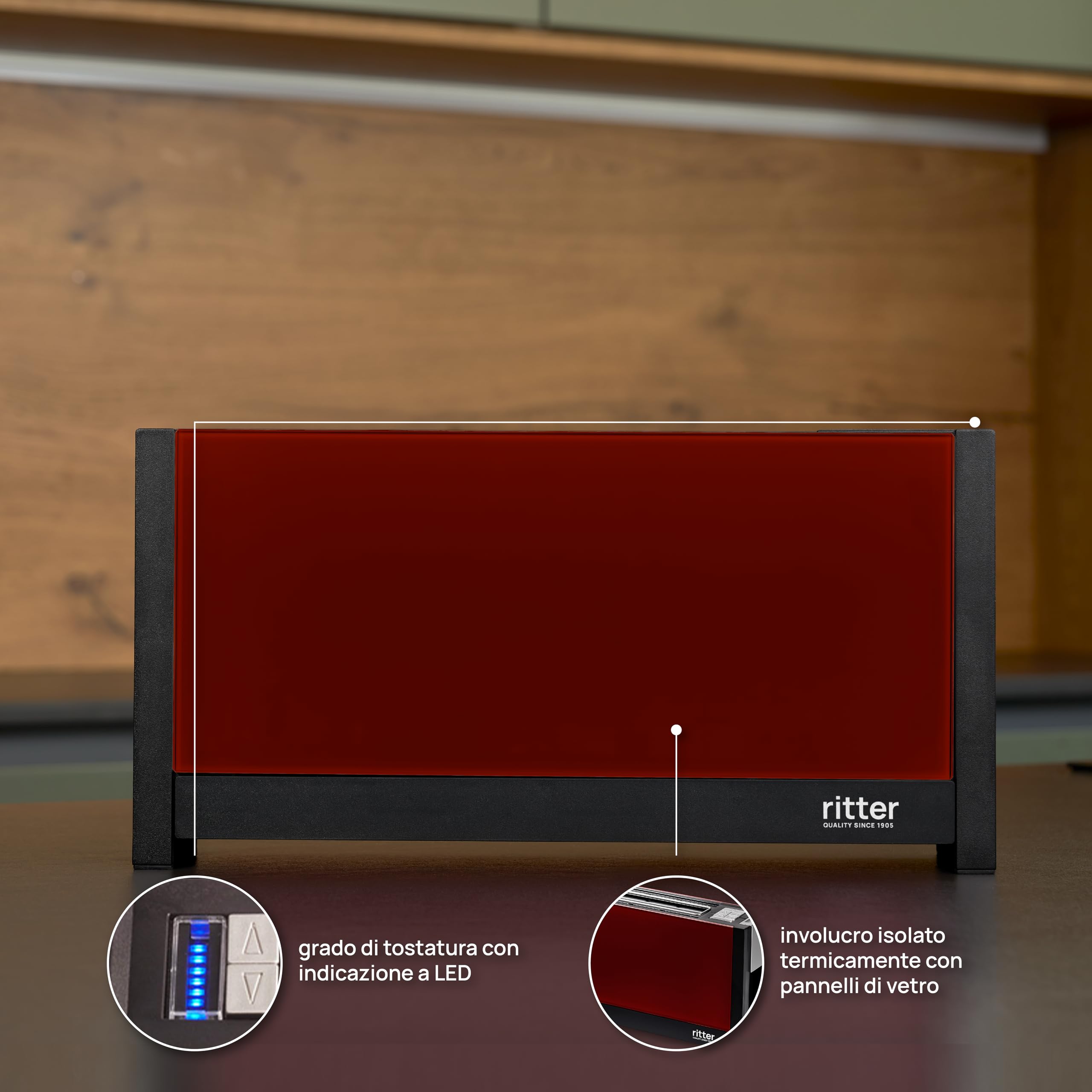 ritter Tostapane Volcano 5 Rosso, 1000 W, Vetro, 2 Scomparti