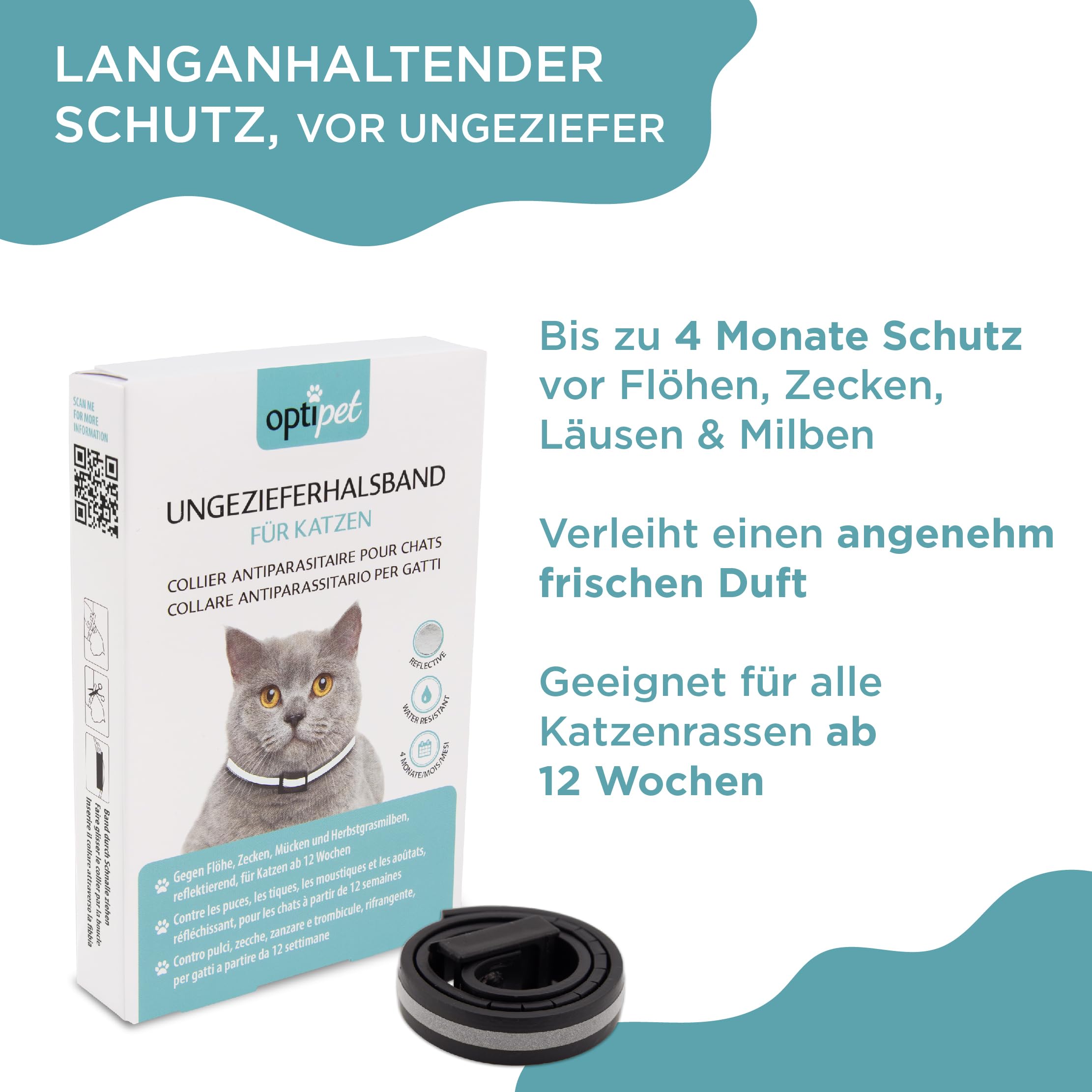 OptiPet x2 Ungezieferhalsband für Katzen | 4 Monate Schutz beiFlöhe Zecken Mücken Milben - reflektierend, für Katzen ab 12 Wochen | Flohhalsband Katzen/Zeckenhalsband für Zeckenschutz Katze