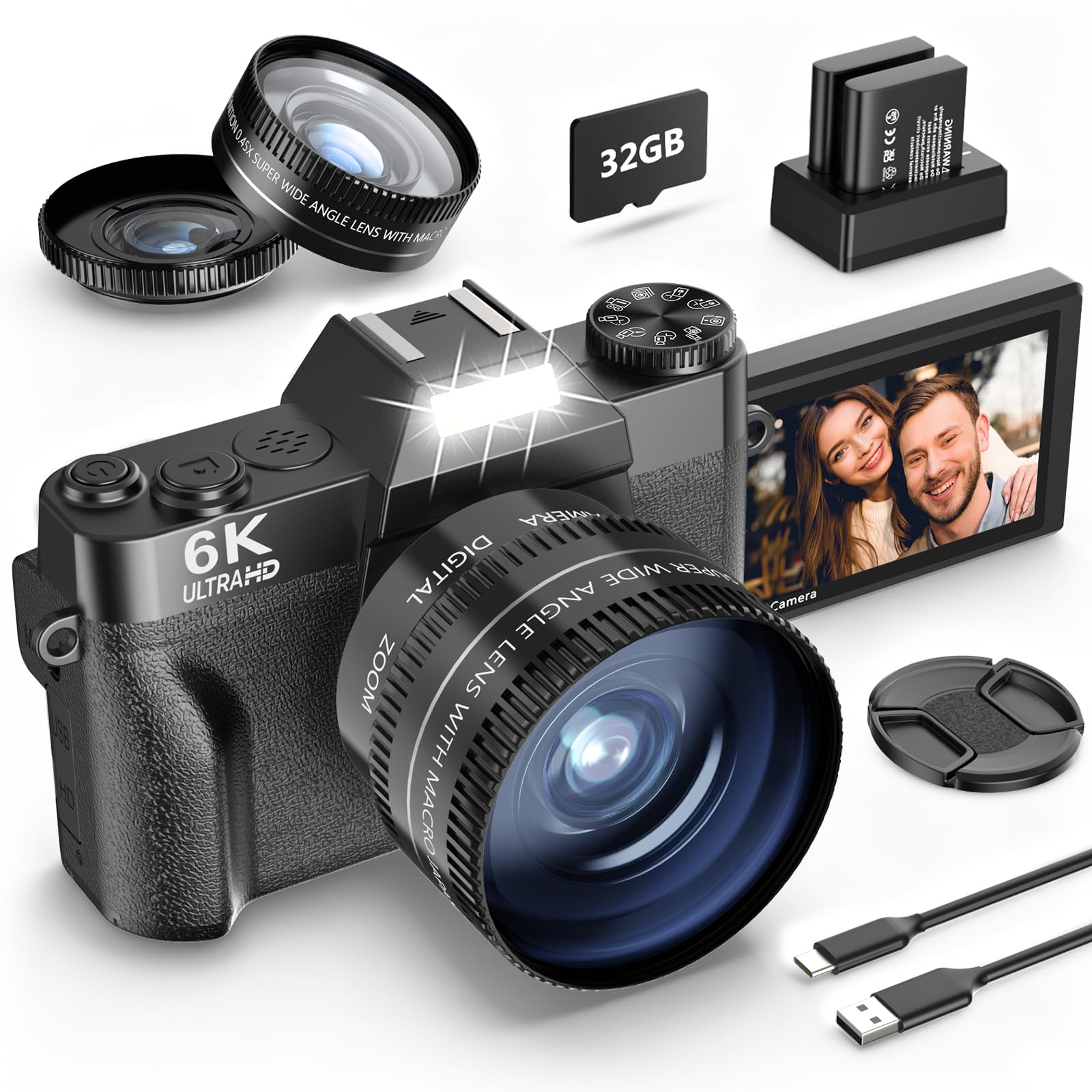 2024 Upgrade 4K 56MP Digital Camera for Photography Vlogging Camera for YouTube with 180° Flip Screen, WiFi,16X Digital Zoom, 52mm Lens, 2 Batteries, 32GB Micro SD Card(Black)