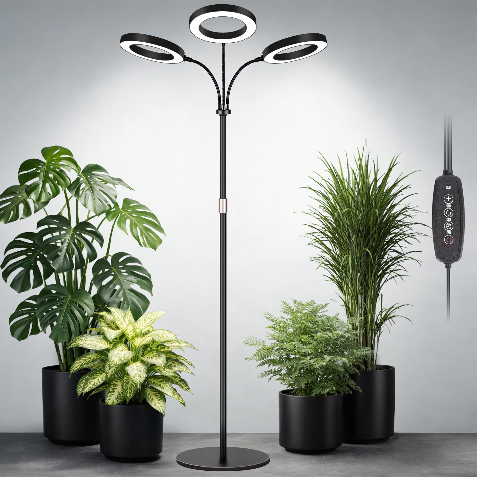 Photo 1 of LBW 3-Head Grow Light with Stand for Indoor Plants, Full Spectrum Grow Light for Tall Large Plants, Adjustable Height up to 68", Auto Cycle Timer 6/8/12/16H, 5-Level Dimming, 3 Lighting Modes, Black