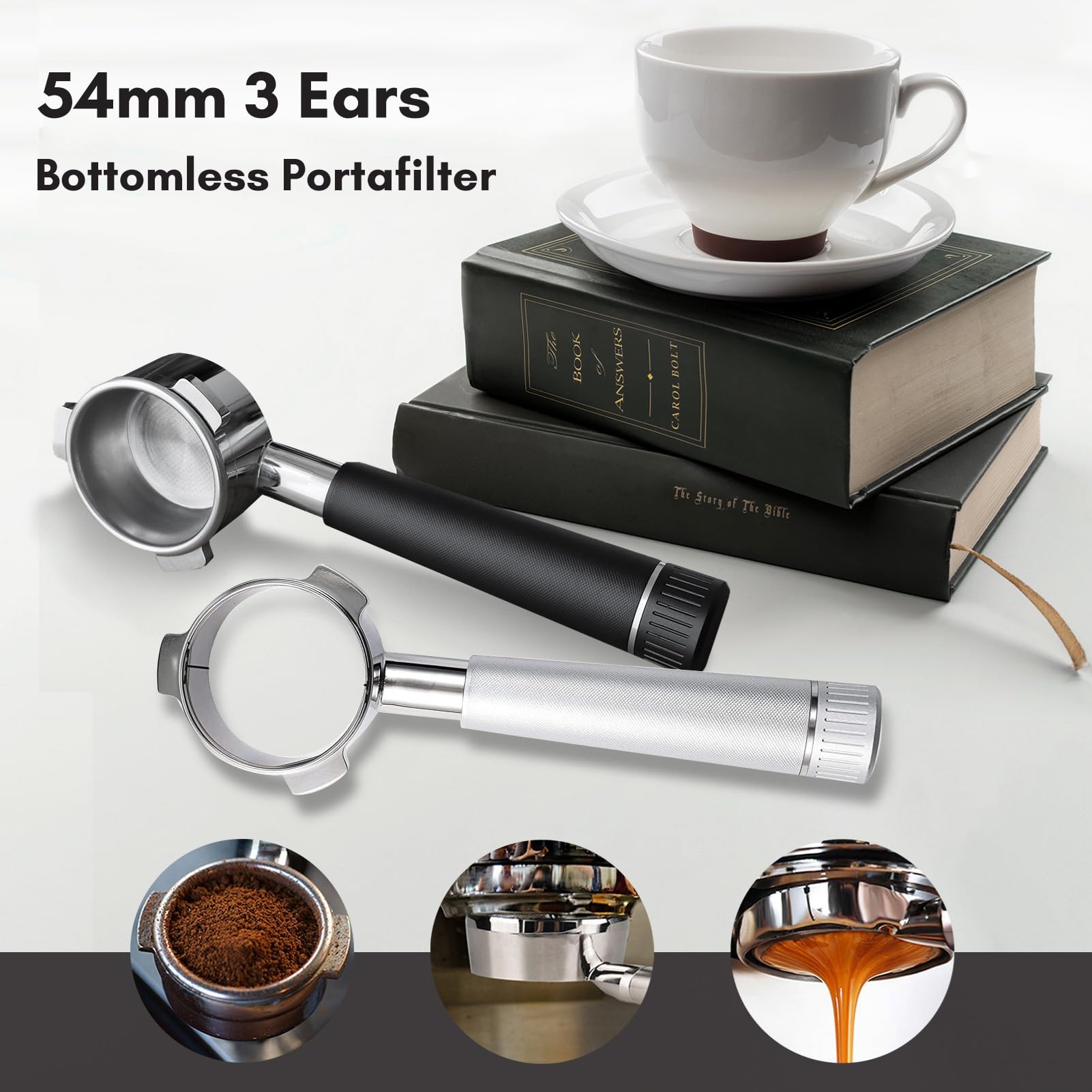 Kavolet Portacoladores sin suelo de 54 mm, portafiltros de café con 3 orejas sin fondo con mango de aleación y cabeza de acero inoxidable, compatible con cafetera Breville870/875/878/880