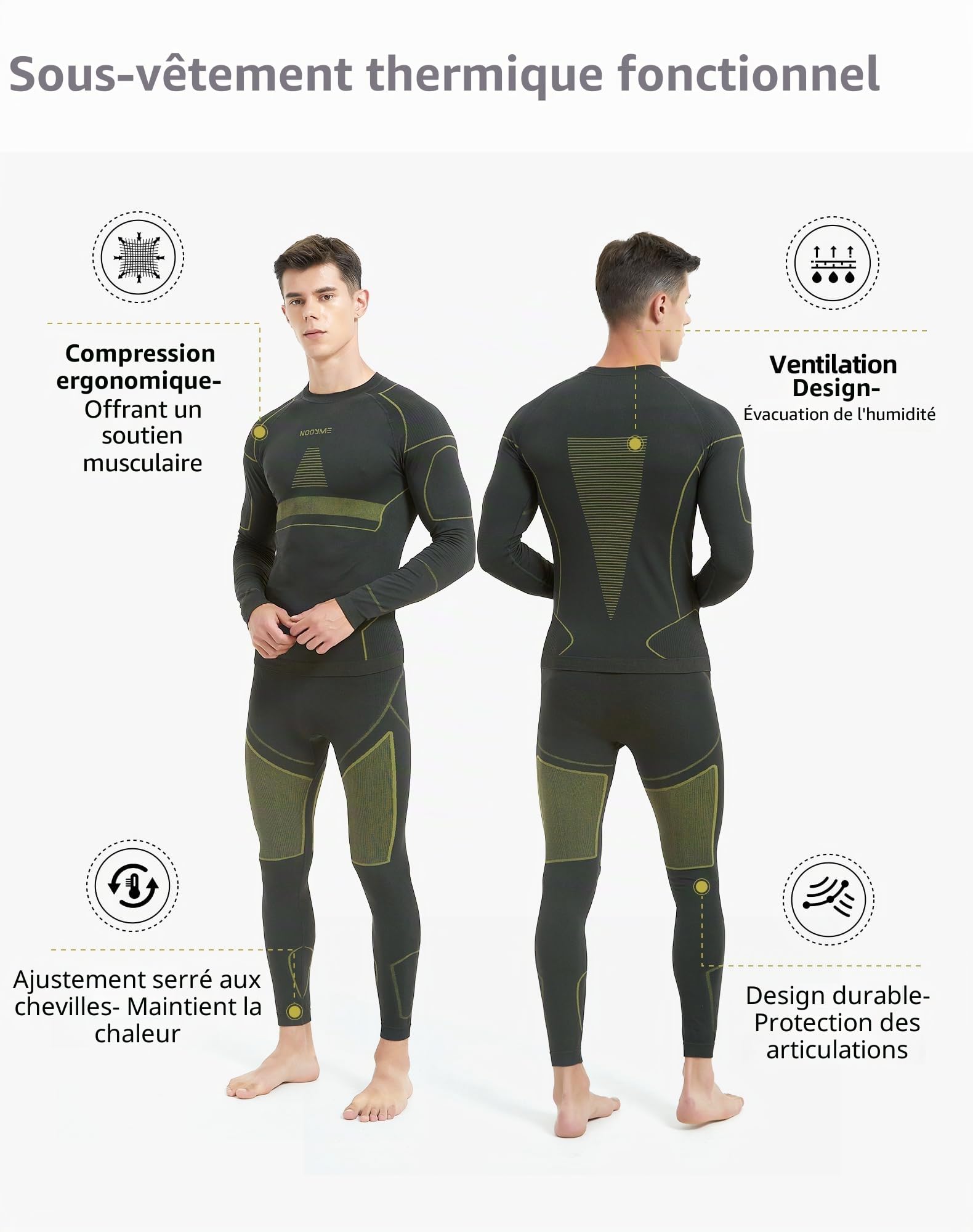 NOOYME Sous-Vêtement Thermique Homme Fonctionnel Tenant Chaud Respirant Élastique Ensemble de Ski pour Automne Hiver