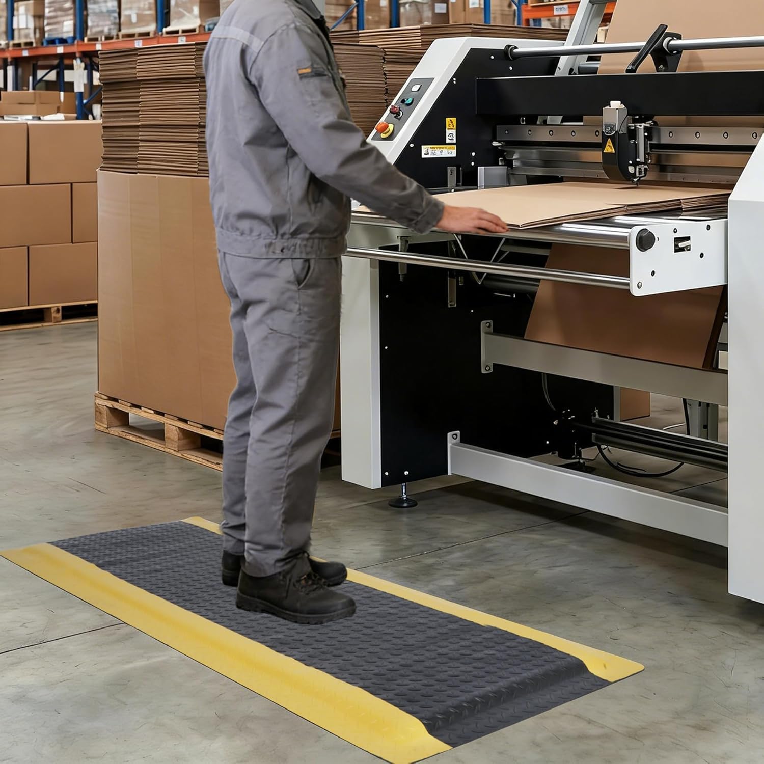 Tapis de travail anti-fatigue MYOYAY en PVC robuste avec bordure de sécurité jaune