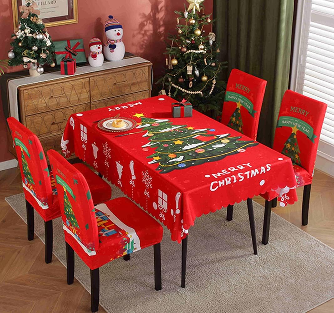 Set Of 5 Rectangle Christmas Tablecloth Chair Cover Set