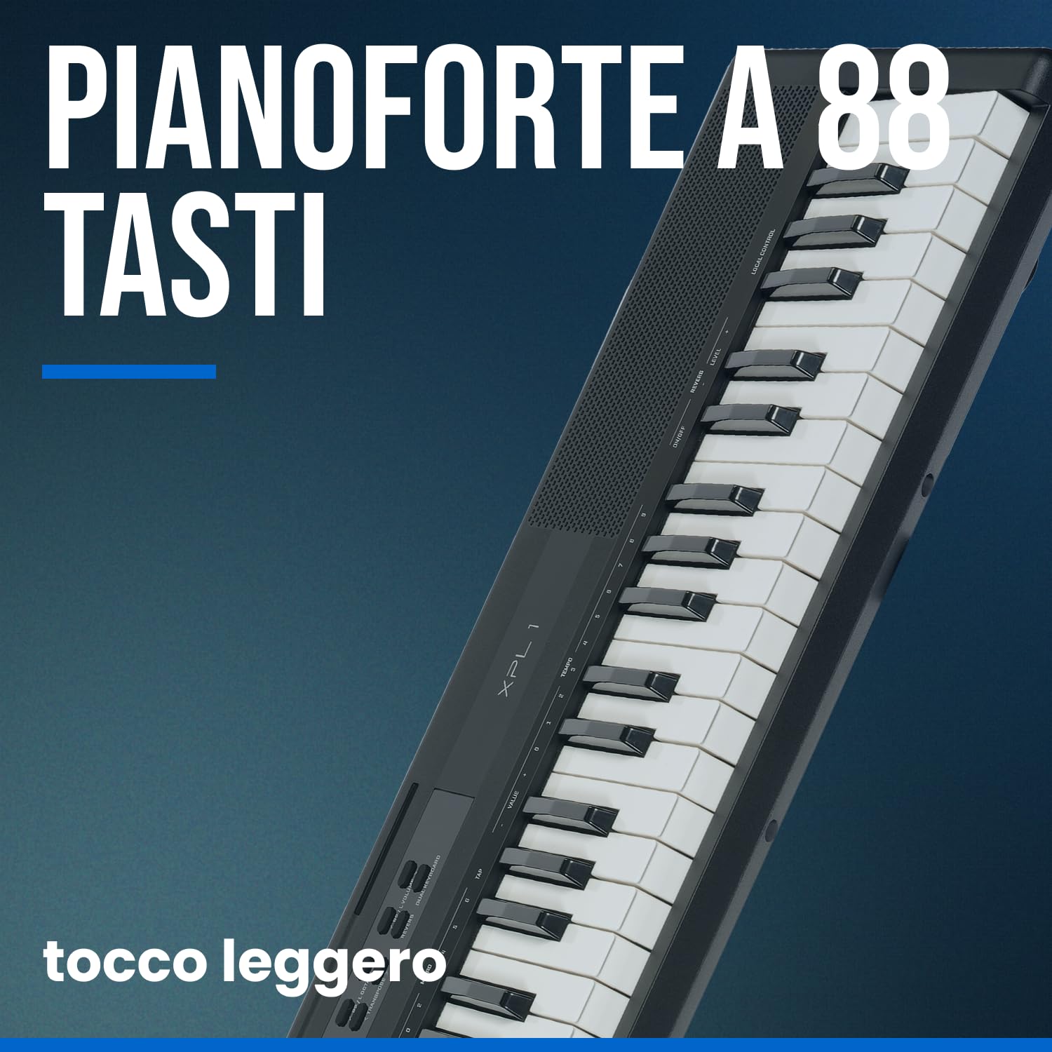 Woodbrass XPL1 - Pianoforte digitale portatile amplificato, 88 note, leggero, compatto e versatile, 25 suoni di qualità e amplificazione stereo, tastiera per imparare, perfezionare o giocare sul palco