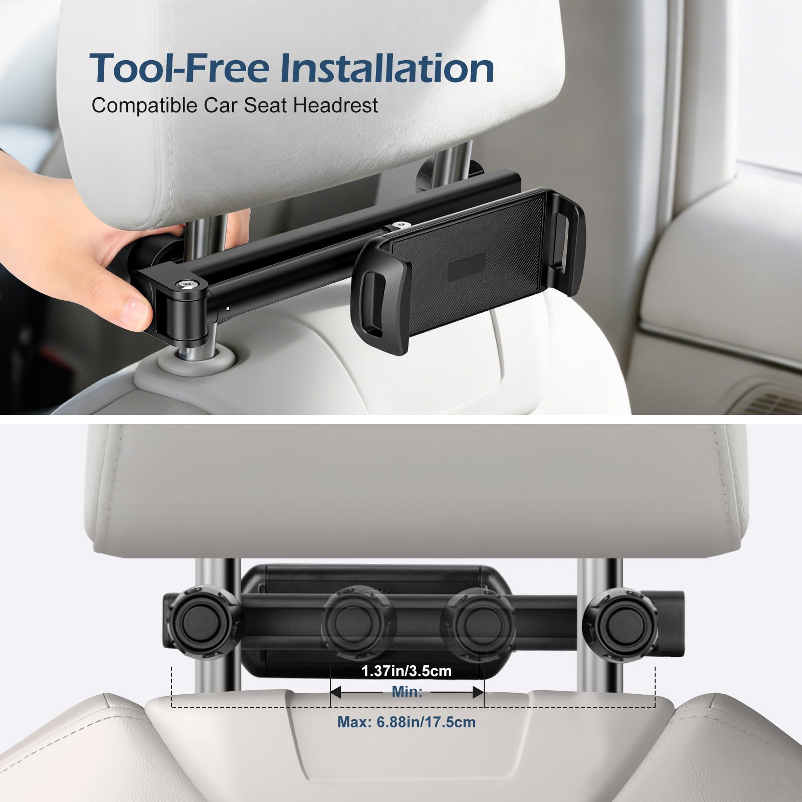 VINATO Tablet Holder for Car, Adjustable Car Mount for iPad Kindle 4-12.9 Inch, 360° Rotation Black