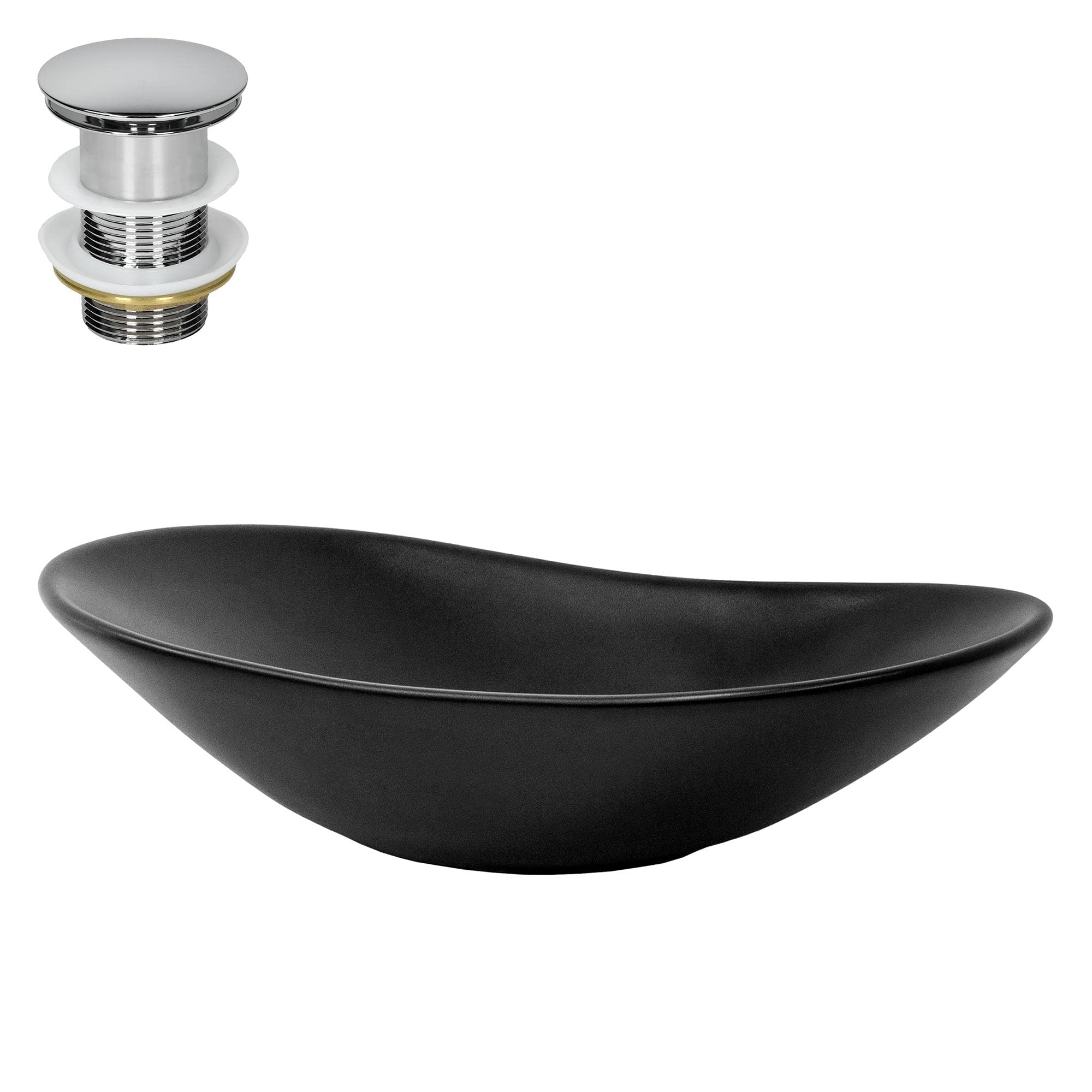 ML-Design Lavabo à Poser en Céramique Noir Mat, 630 x 360 x 155 mm, Ovale, avec Bouchon de Vidange 1 1/4" Universel Push Open, Vasque Évier Lave-Mains pour Salle de Bain, Design Minimaliste