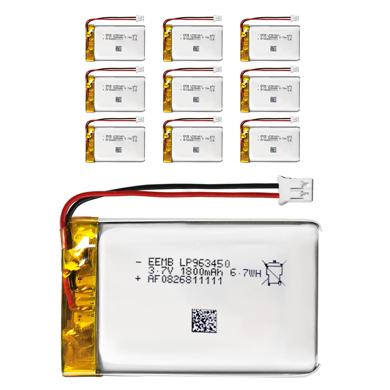 EEMB Lithium Polymer battery 3.7V 1800mAh 963450 Lipo Rechargeable Battery Pack with wire JST Connector for Dashcam and Bluetooth Speaker-confirm device & connector polarity before purchase(10)