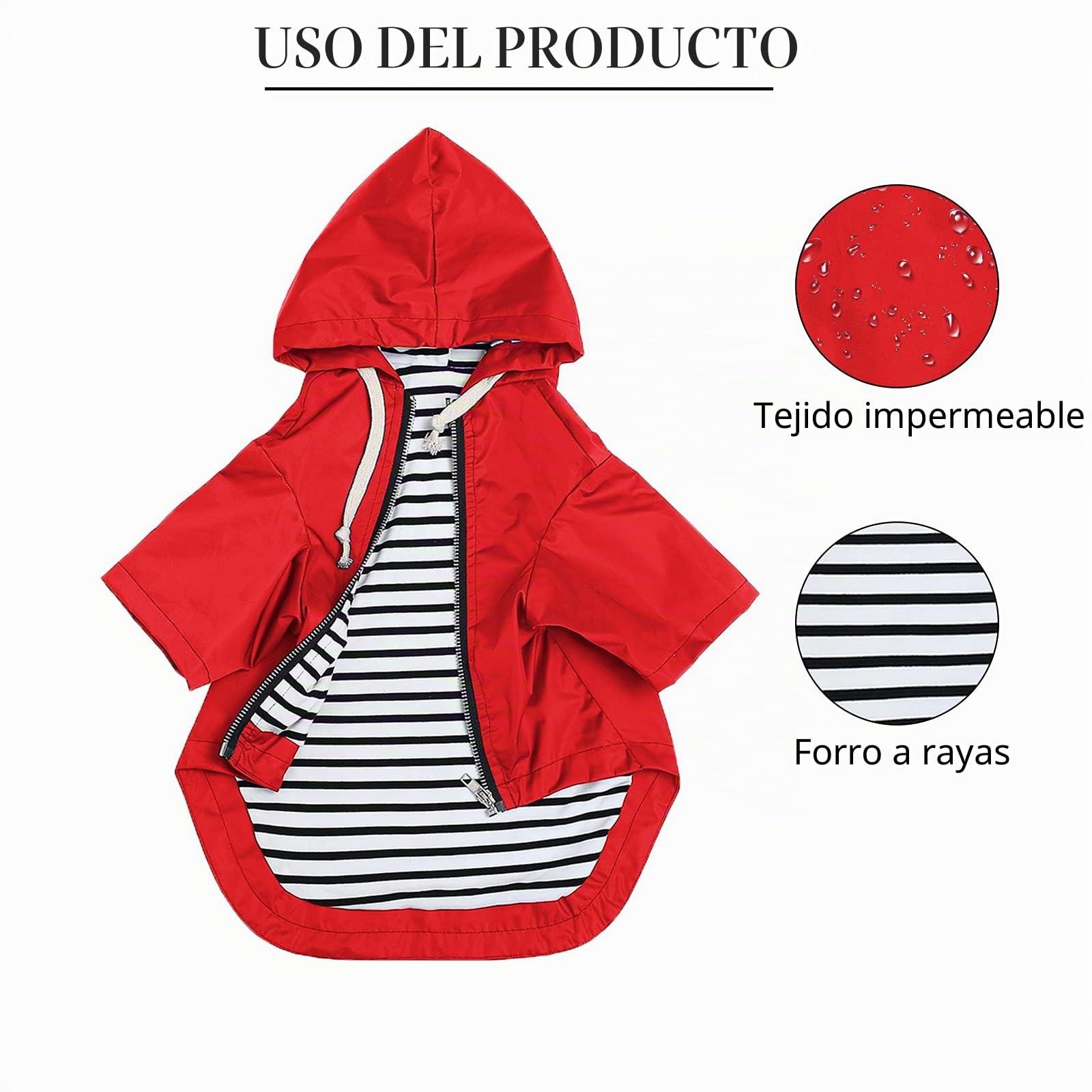 Pethiy - Elegante Chubasquero para perros – Impermeable para perro pequeños y medianos con sombrero y cremallera ,con botones reflectantes, bolsillos, resistente a la lluvia y al agua-Rojo-S