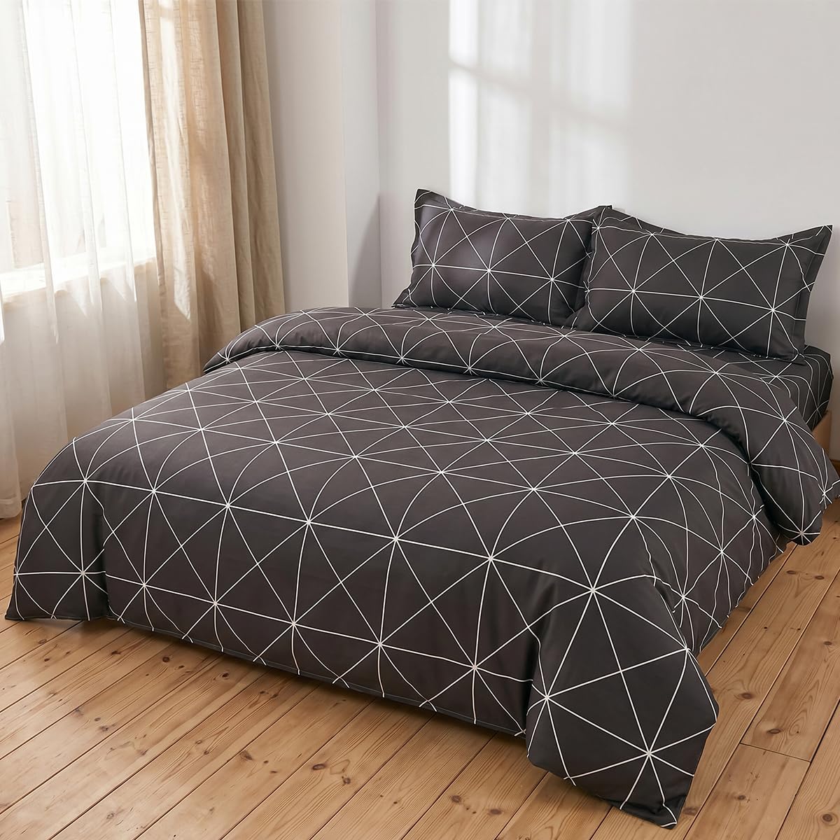 Nesture Bettwäsche 135x200 4teilig Kariert Anthrazit, Bettwäsche-Sets Microfaser Bettbezug 135 x 200 cm bügelfrei & weich - 2 Deckenbezug und 2 Kissenbezug 80x80 mit Reißverschluss