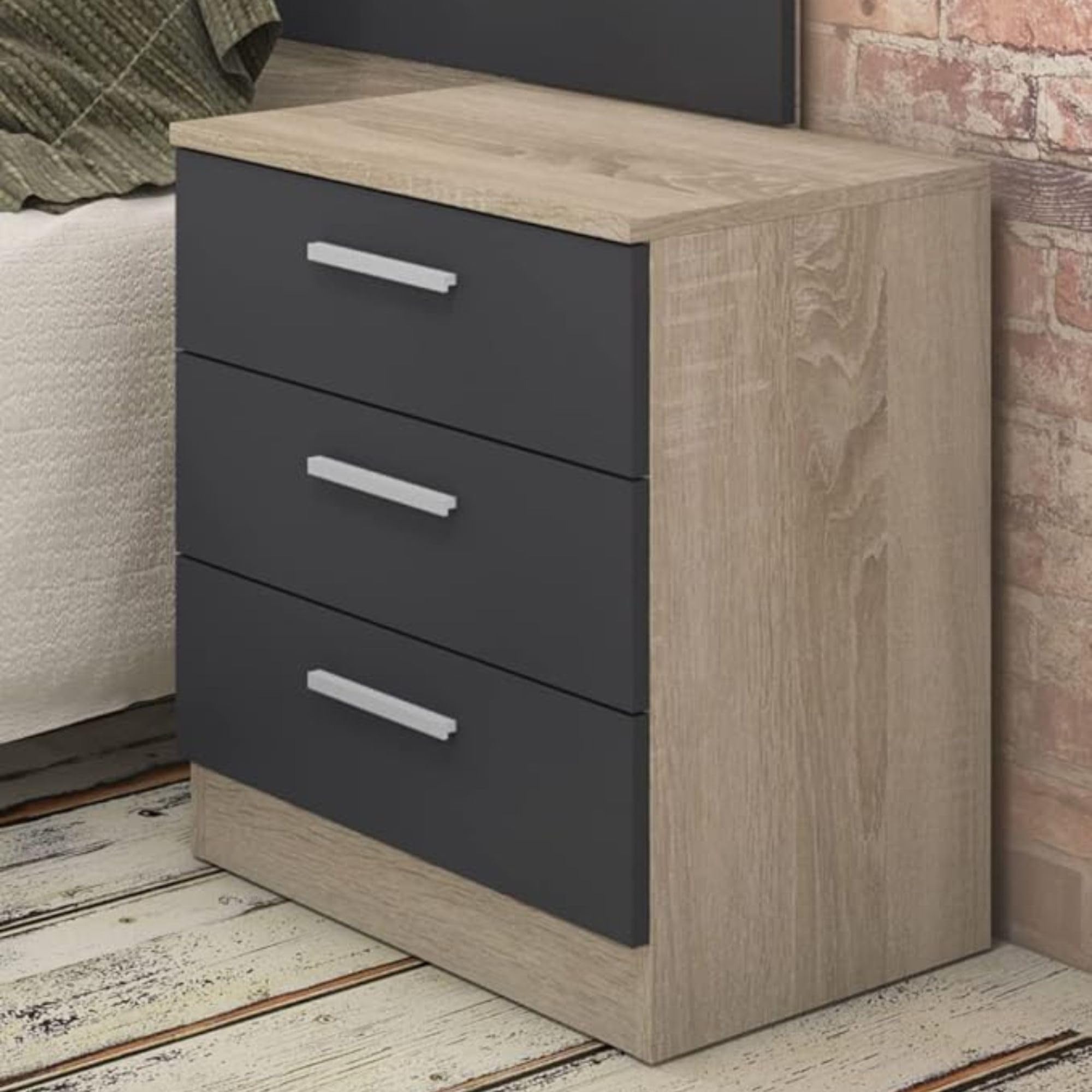 Pack tête de lit et 2 tables de chevet, chambre double, chambre complète, finition en cambria et graphite, dimensions : 220 cm (largeur) x 50 cm (hauteur) x 35 cm
