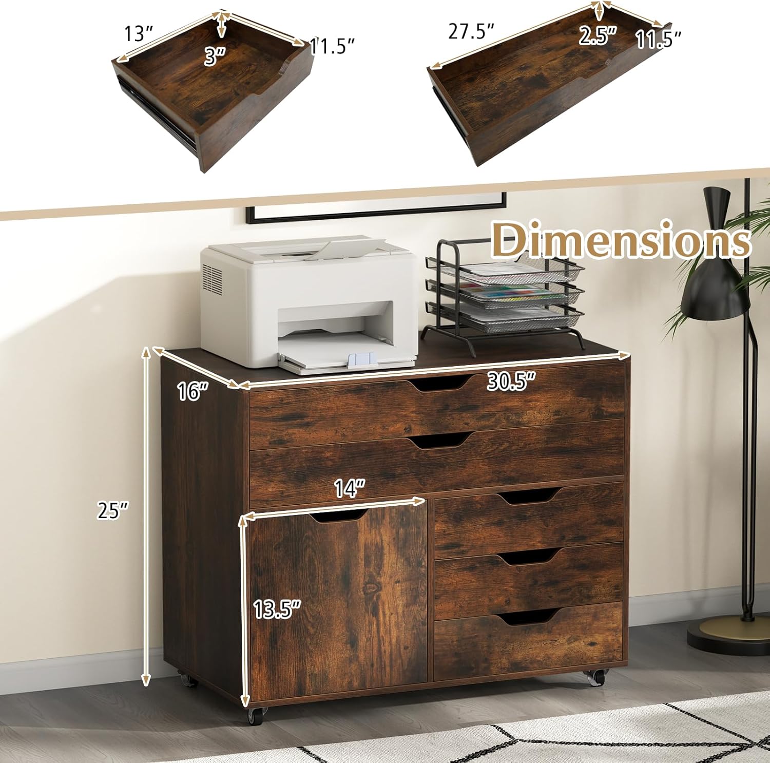 GOFLAME 5-Drawer Mobile File Cabinet, Rolling Lateral Filing Cabinet with Drawers and Storage Compartment, Modern Printer Stand with Wheels for Living Room, Study, Home Office, Rustic Brown