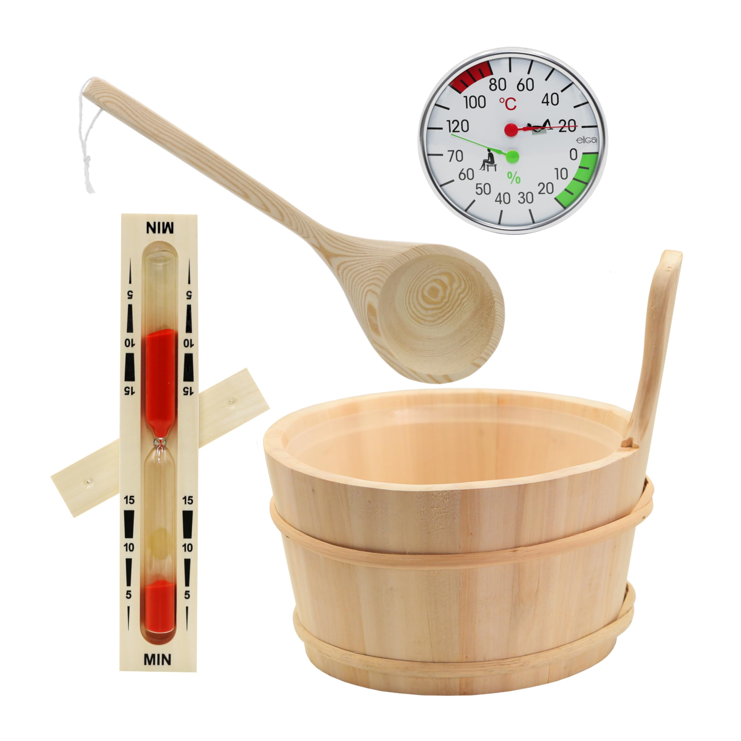 HAF® Set de cubo de sauna de álamo de 4 litros con inserto, paleta de sauna de 40 cm, madera de pino, reloj de arena y medidor climático, cubo de infusión resistente a la humedad, accesorios para