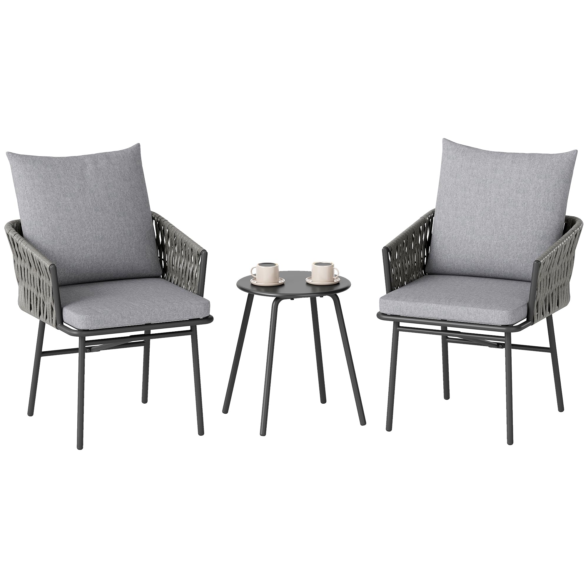 Outsunny 3-TLG. Rattan Bistroset Sitzgruppe 2 Gartensessel Couchtisch Grau