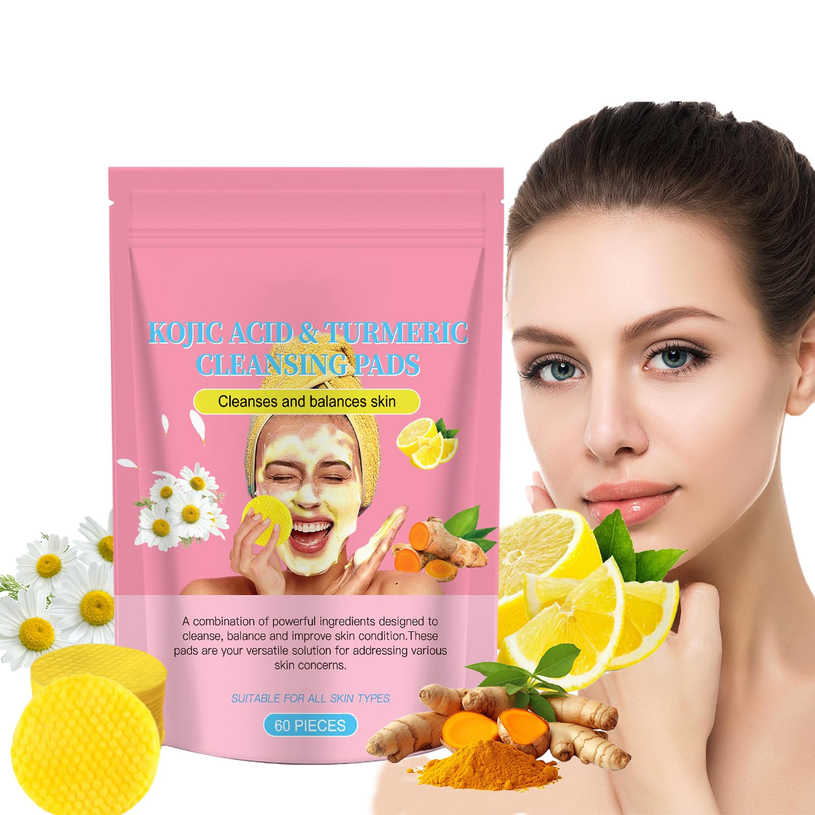 Tampons Nettoyants au Curcuma pour Le Visage,Kojic Acid Pads,Turmeric Kojic Acid Pads,Curcuma Kojic Acid Cleansing Pad,Curcuma Exfoliants Pad,Curcuma Éponge Nettoyante Pour Visage,60 Pièces