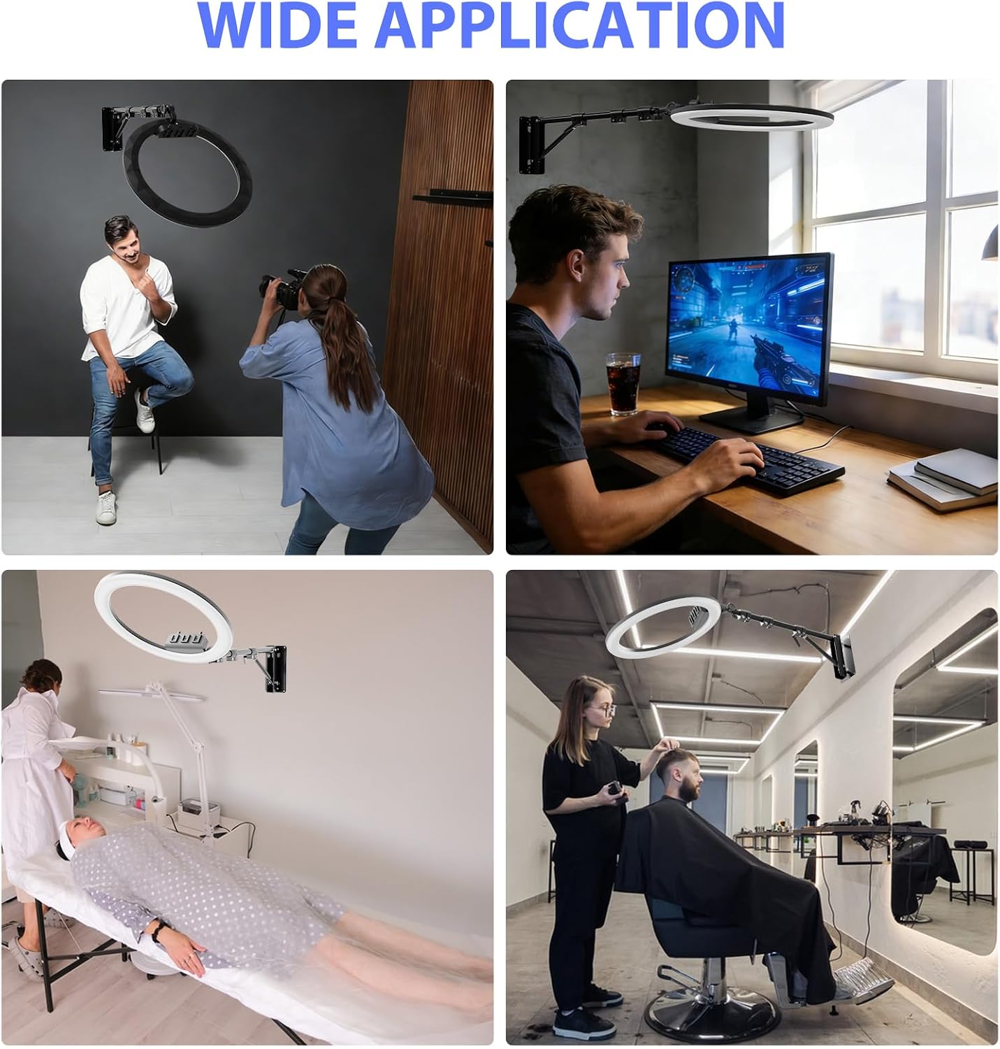 19'' Ring Light Wall Mount with Phone Holder, 45.7" Triangle Boom Arm Wall Mounted Light Stand, 360° Rotatable Studio Lighting for Live Streaming, Photography, Salon, Barber, Beauty, Tattoo