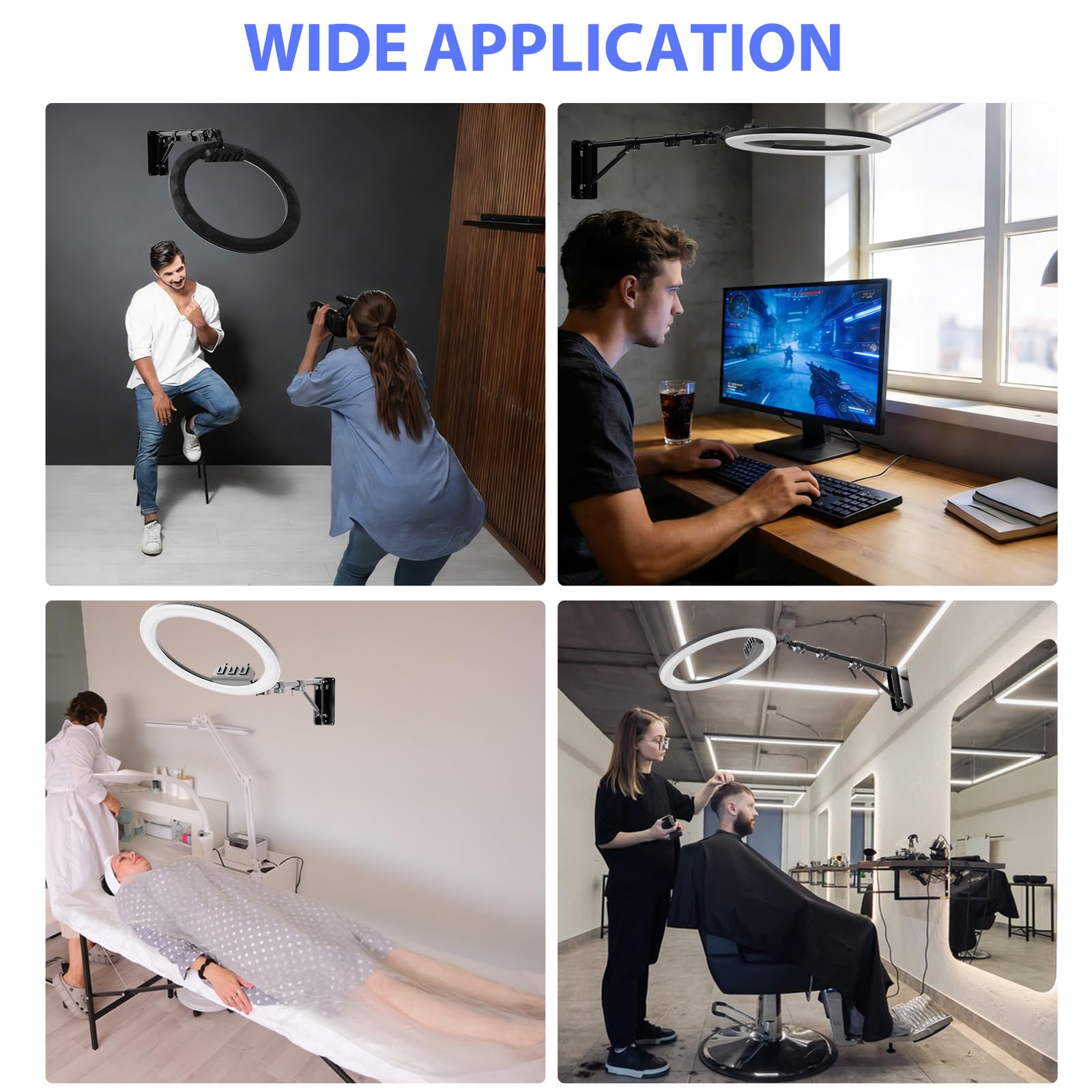 Supporto da parete ad anello con supporto per telefono, braccio a triangolo girevole, supporto per luce per studio fotografico, streaming live, salone, barbiere, tatuaggi di bellezza, RL02