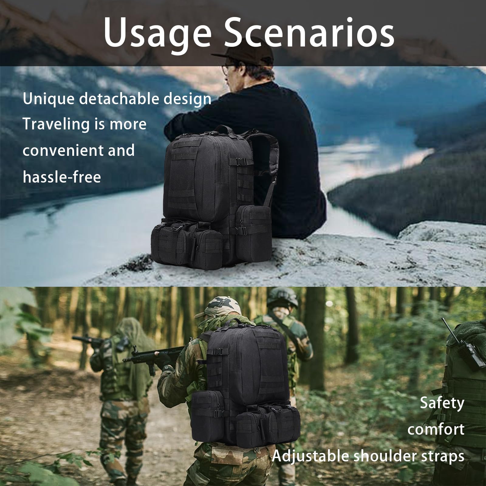Sac A Dos Militaire 60L Tactique MOLLE Détachable Randonnée Voyage Multifonction Homme