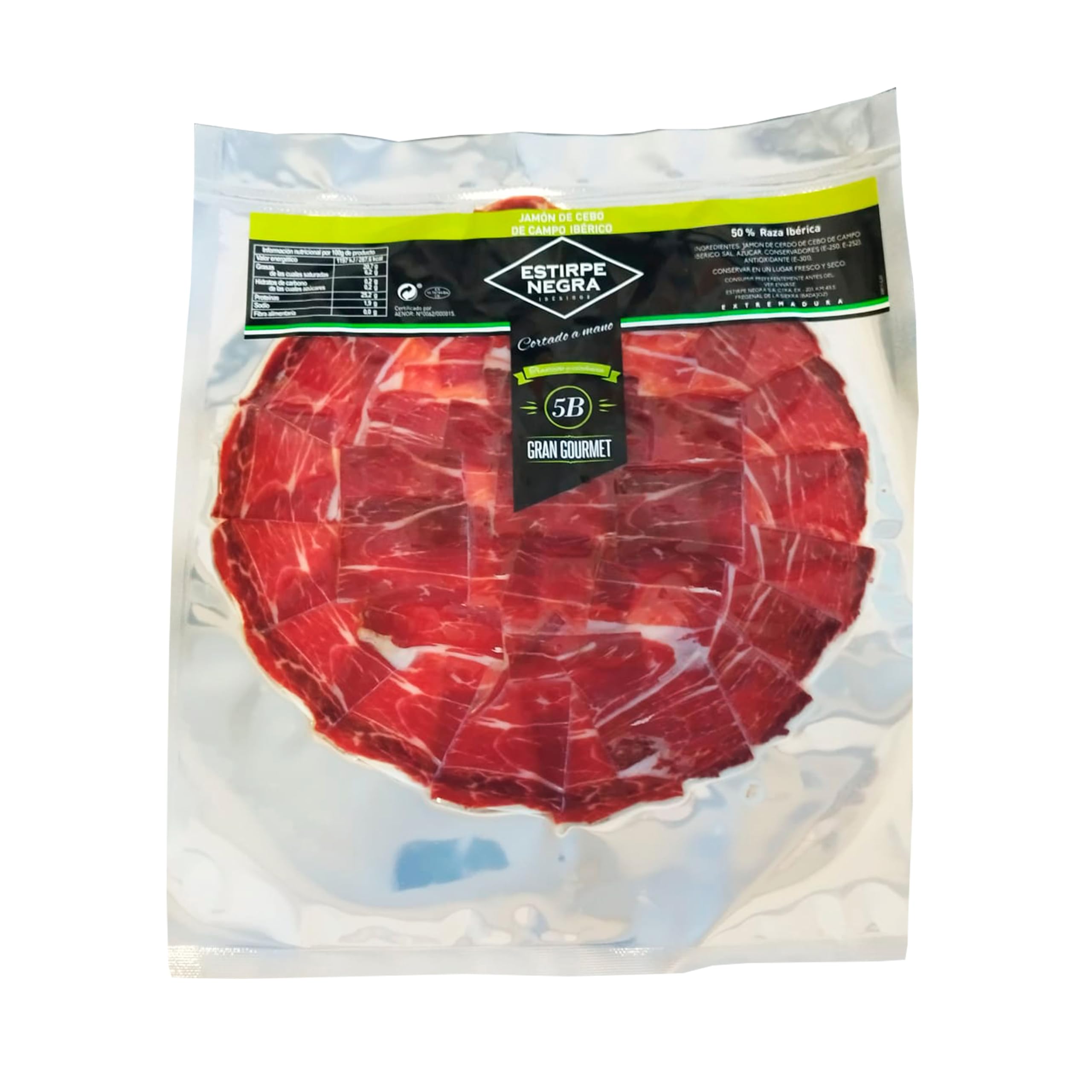 Jamón Ibérico de Cebo de Campo 50% Raza Ibérica Estirpe Negra - Exquisito Jamón de Extremadura Cortado a Cuchillo - Cerdos Criados en Libertad y Alimentados con Productos Naturales. (5 Sobres)