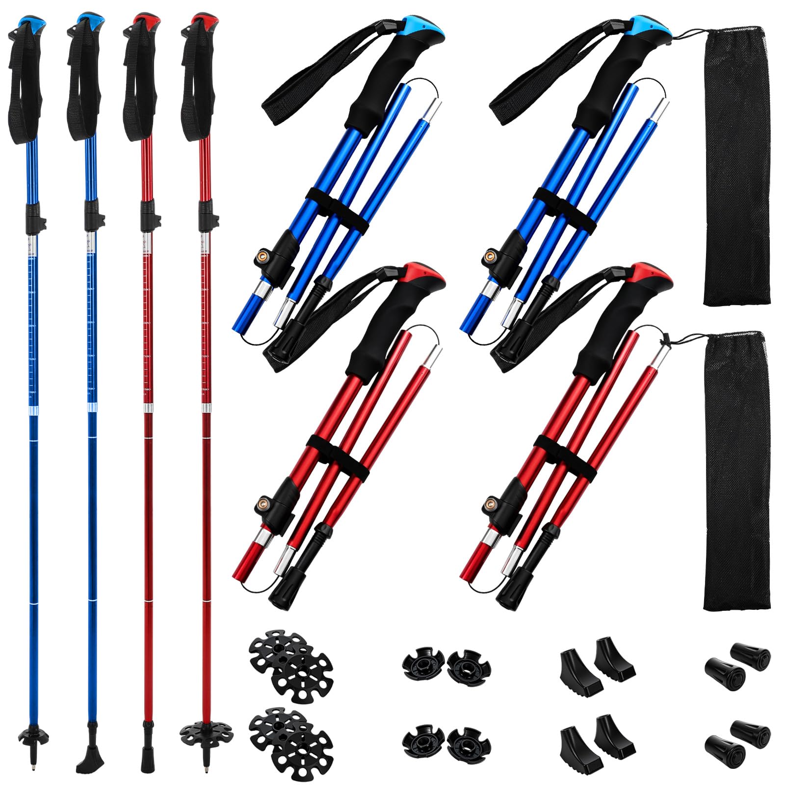 Juego de 4 bastones de senderismo plegables de aluminio, bastones de senderismo plegables ajustables, bastones de senderismo ligeros de viaje con bolsa de almacenamiento para adultos