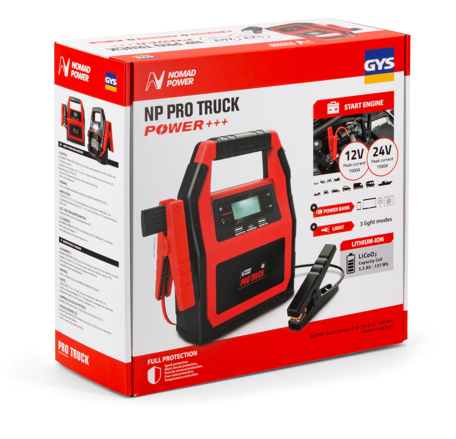 GYS, Nomad Power Pro Truck, arrancador/Booster batería de litio portátil 2000A, vehículos de 12/24 V (motocicleta, coche, camión), arranque seguro, batería externa de 5,3 Ah (PowerBank), lámpara LED,