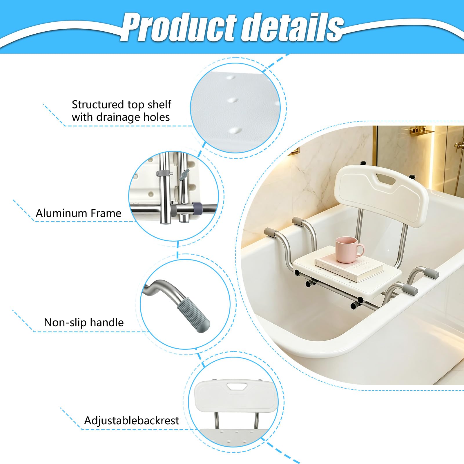 Asiento de bañera con Respaldo, Asiento de Ducha Banco de Ducha para bañera, Tablas de bañera Extensibles de 72-82cm, Extensible Blanco, Capacidad de Carga 136 kg Asiento de bañera (B)