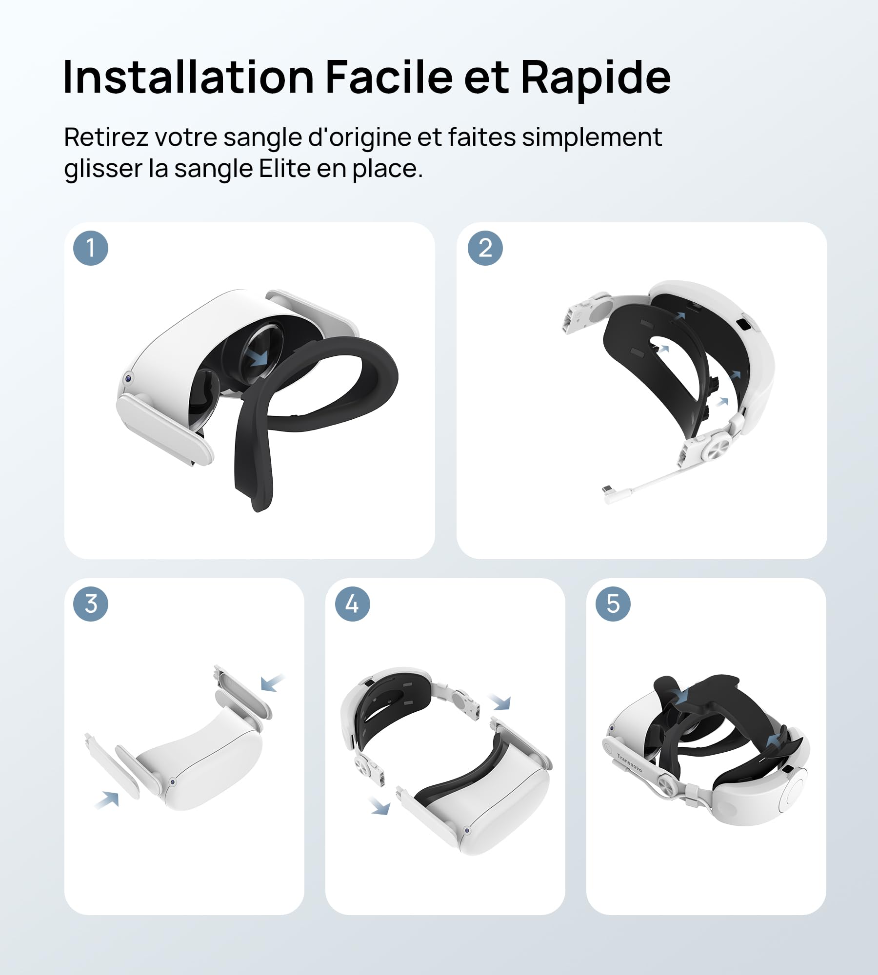 TRANSNOVO 6000 mAh Sangle de tête Compatible avec Oculus Quest 2/Quest 3/Quest 3S, Accessoires VR, Sangle Elite réglable de Remplacement, Support de Confort amélioré et sans Pression