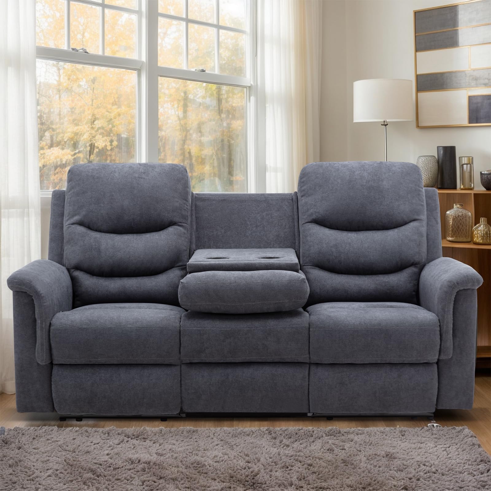 Reclining Sofa, Recliner Sofa 3 Seater with Flipped Middle Backrest, 2 Cup Holders, Manual Wall Hugger Couches for Living Room, Home Theater Seating Loveseat Recliner Sofa