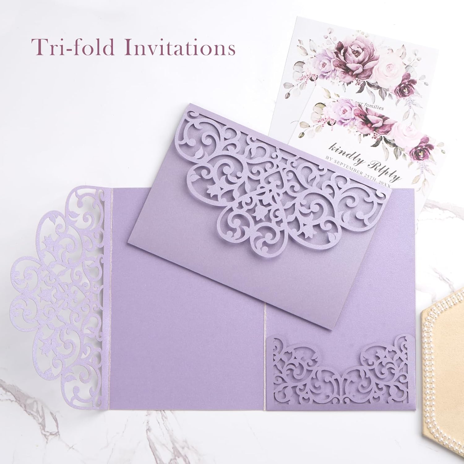 50 pcs Purple Wedding Invitations 5×7 Personalized Invitations with Envelopes and RSVP Cards Blank Birthday Invitations Laser Cut Hollow Out Invitation Kits for Engagement Sweet 16 Quinceanera Bridal Shower