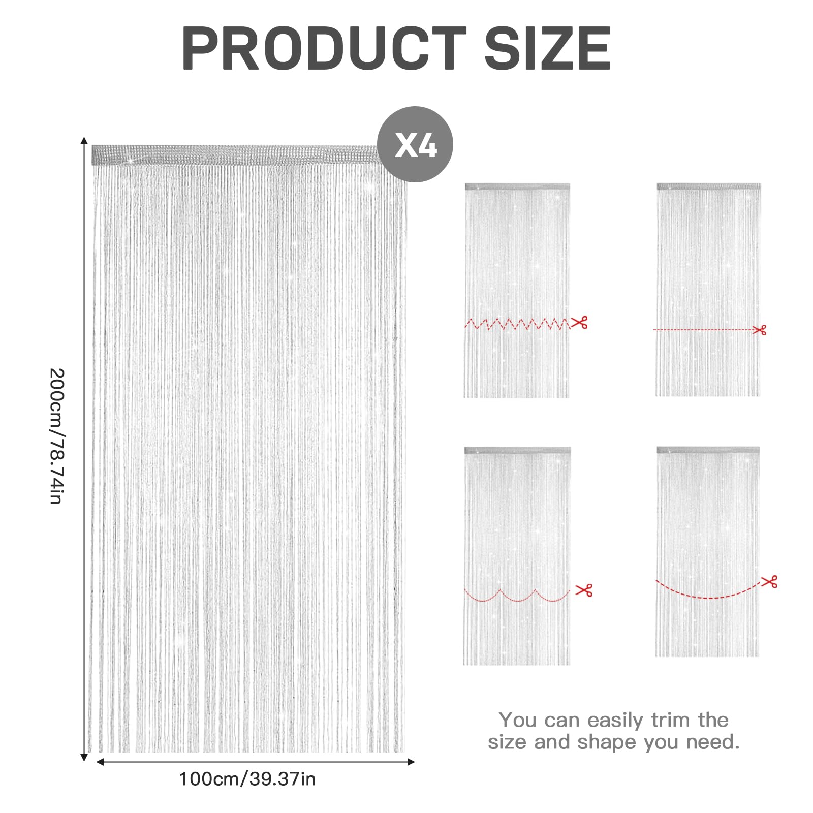 4 Tende a Fili per Porta, 100x200 cm Tende a Filo per Interni, Tenda Porta con Brillantini, Decorazione per Finestre, Divisori, per Matrimoni, Feste (bianco)