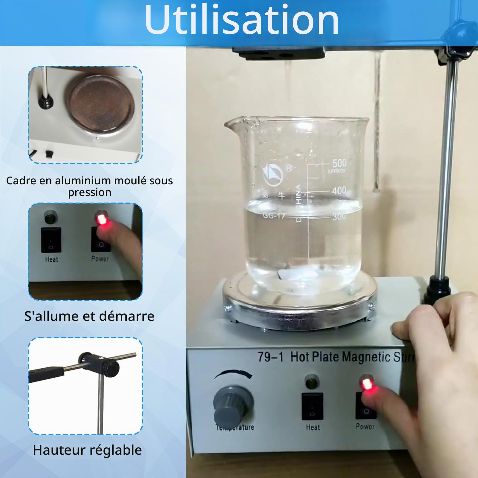 Agitateur Magnétique, Plaque Chauffante Laboratoire Agitateur Magnétique équipement 300W Avec Plaque Chauffante 0-2200 Tr/Min Avec Support Pour Mélanger Liquides Dans Le Laboratoire Tige D'agitation