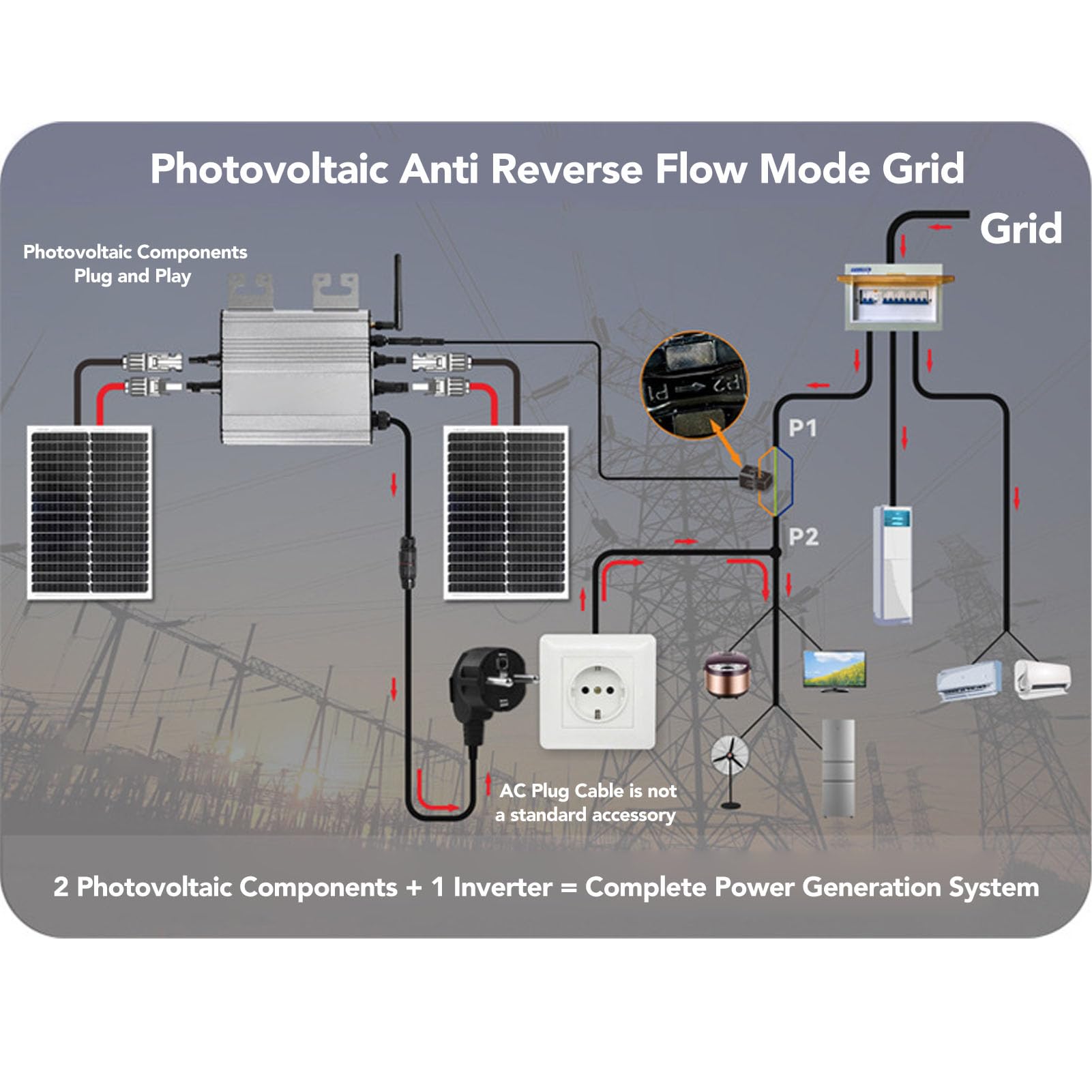 Microinversor de Conexión a Red de 800W, con WiFi, Inversor Solar con Modo de Batería Fotovoltaica de Entrada Dual IP65, para Energía Doméstica