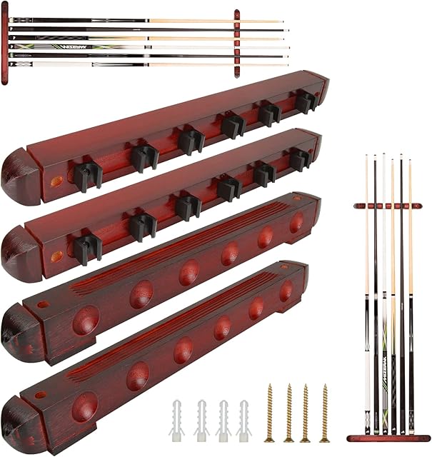 JMIATRY 2 Pcs 6 Pool Cue Holder, 15 Inches Wooden Pool Cue Rack, Wall Mounted Billiard Sticks Holder Snooker Cue Rack with Clips for Pool Bars Clubs Billiard Players