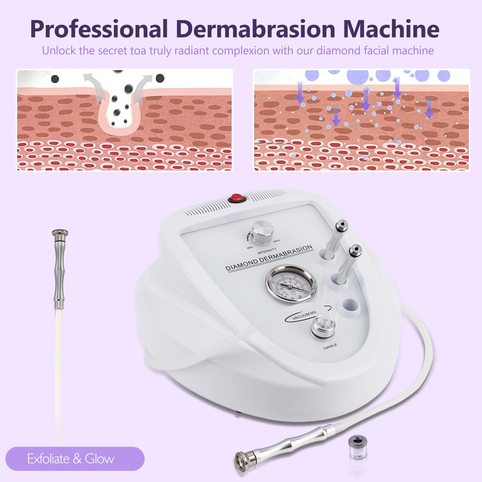 2 in 1 Microdermoabrasione, Aspiratore Punti Neri con 9 Teste di Diamante | Dispositivo professionale Microdermoabrasione, dispositivo per per Pulizia Viso, 65-68 cmHg