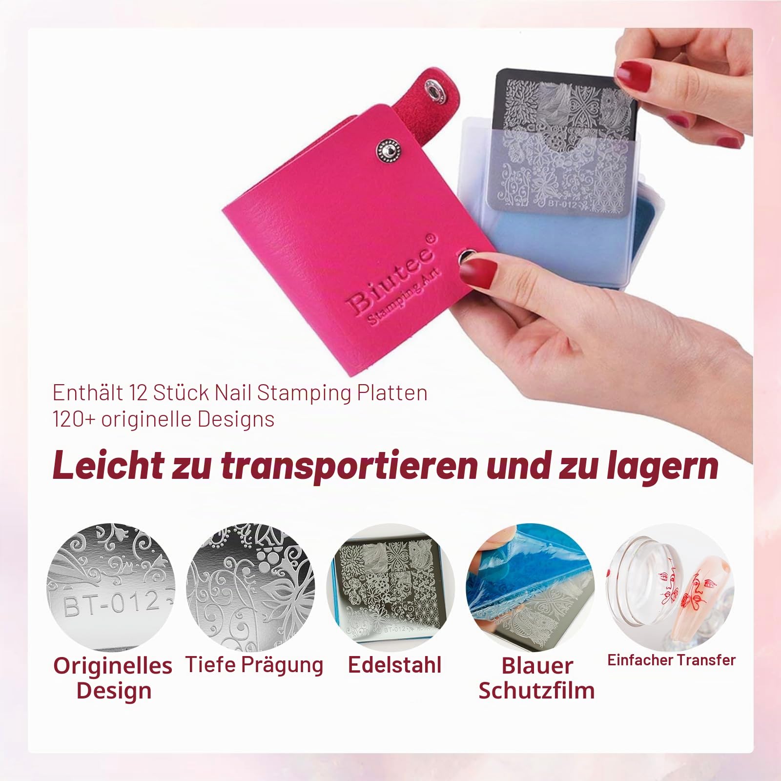 Biutee Nagel Stamping Set 8 Farben Stamping Gel+12 pcs nägel Schblonen Platte+1 pcs Stempel, Blumen French Nails Stempel für Nageldesign Nagelschablonen, nageldesign zubehör