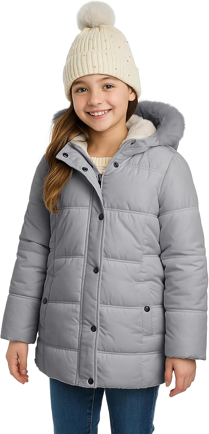 KENSIE GIRL Girls Puffer Jacket - Insulated Polar Fleece Puffer Winter Coats for Girls w/Fur Hood & Matching Snow Hat