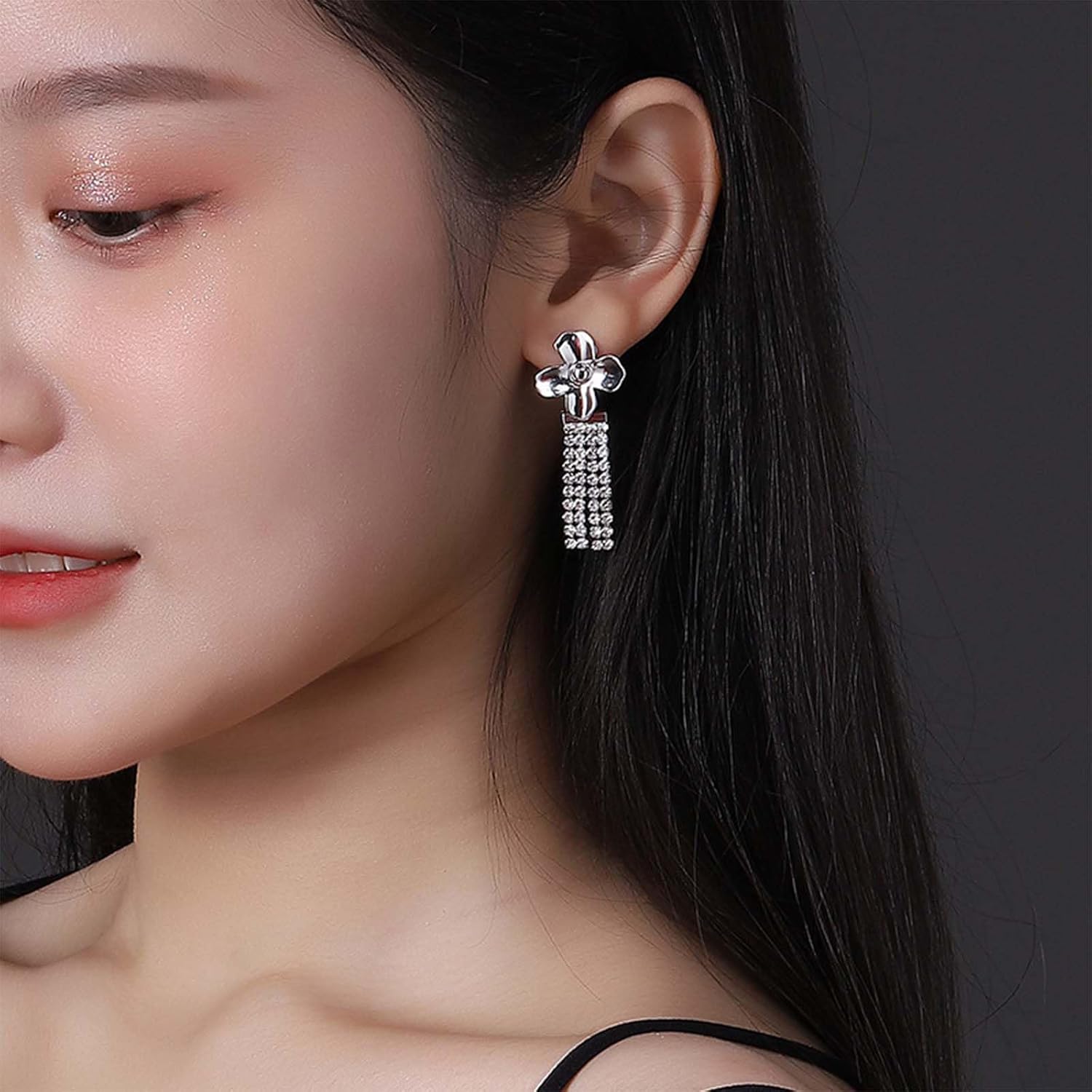 Vintage Crystal Earrings Rhinestone Dangle Earrings Long Chain Tassel Crystal Earrings Silver Flower Drop Earrings Jewelry for Women and Teen Gifts - Image 2