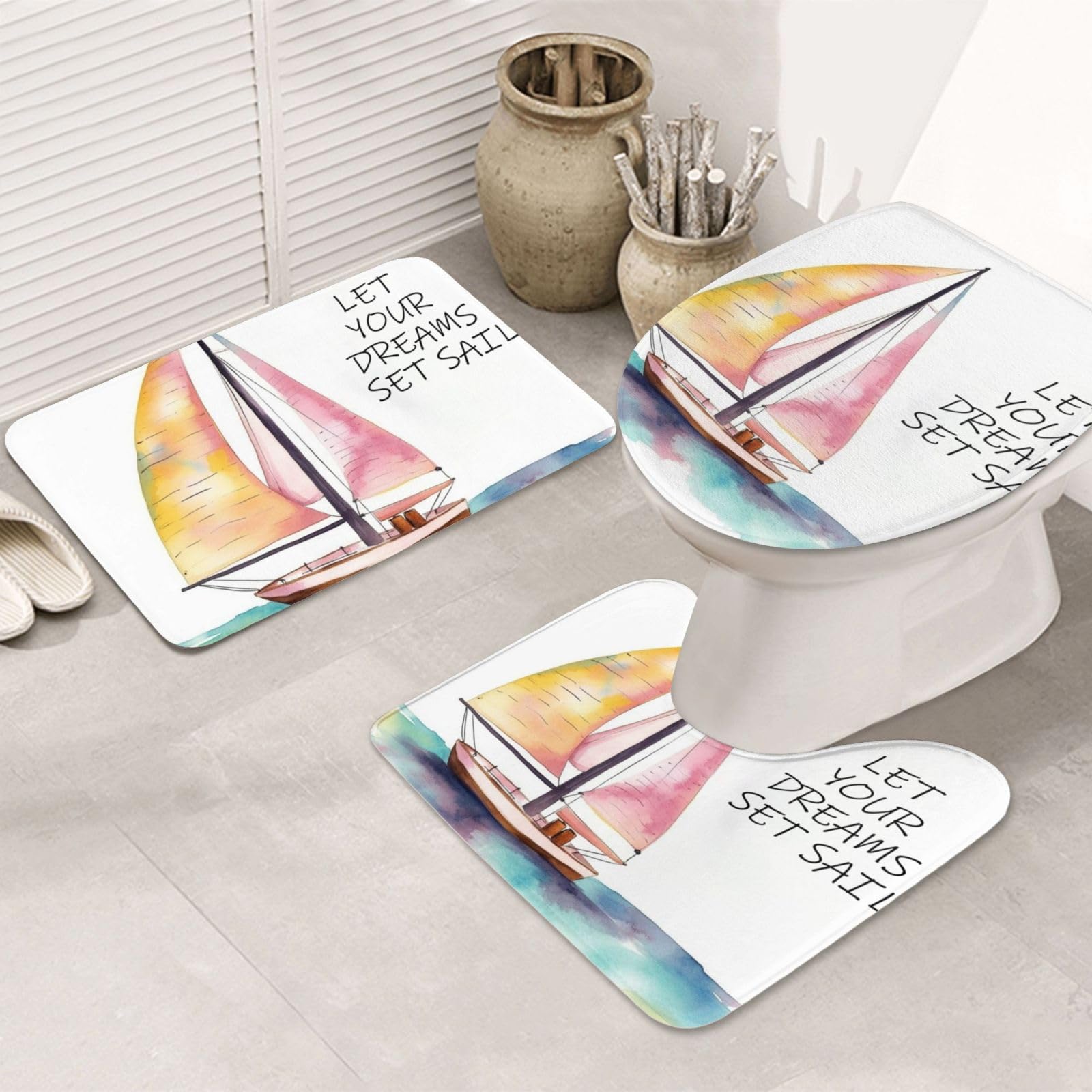 Tapis de salle de bain lot de 3 avec contour WC en U antidérapant et absorbant