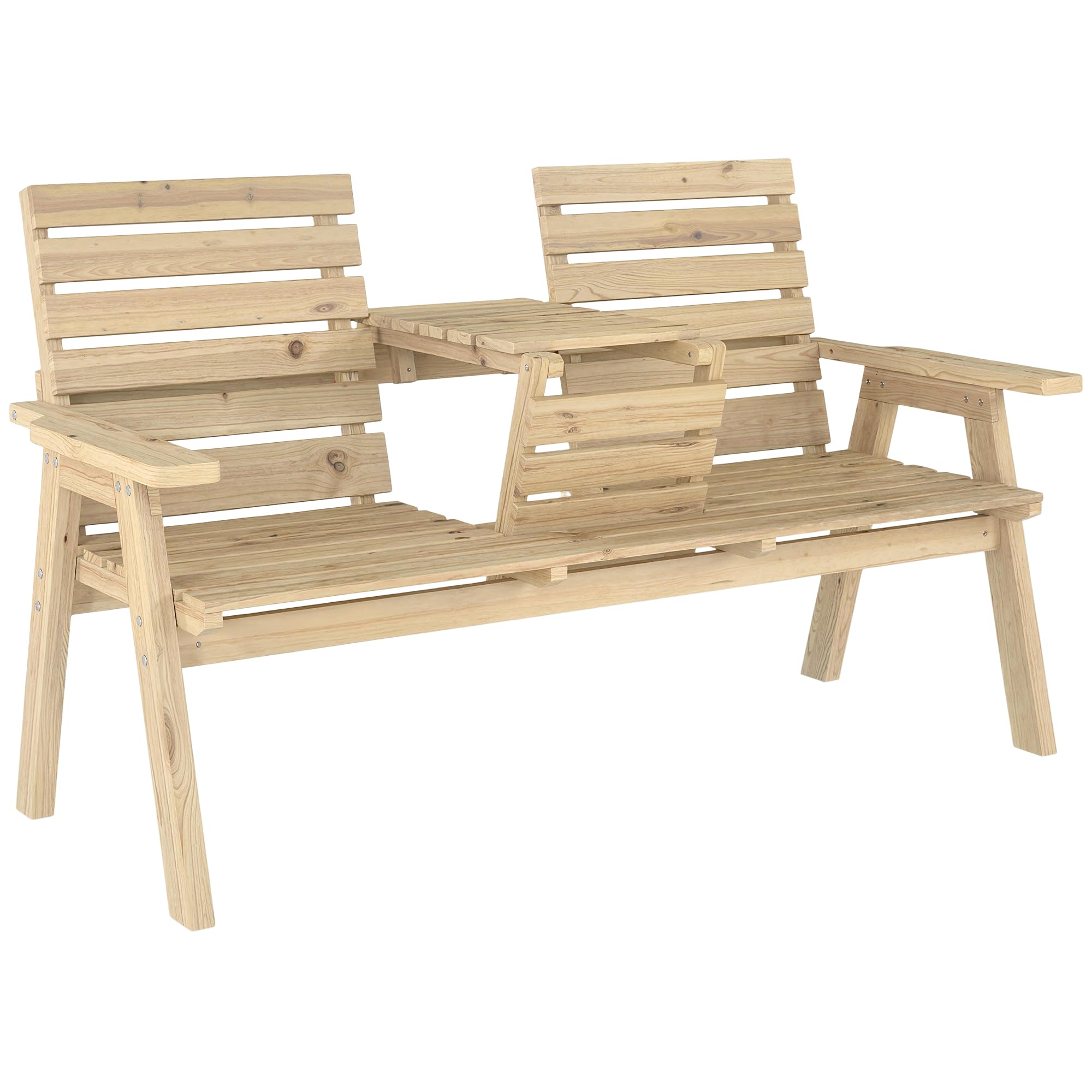 Outsunny Garden Loveseat, 2 Seater Wooden Garden Bench with Convertible Middle Table, Three-Seater Outdoor Bench Seat for Patio, Park, Porch, Natural Wood Finish