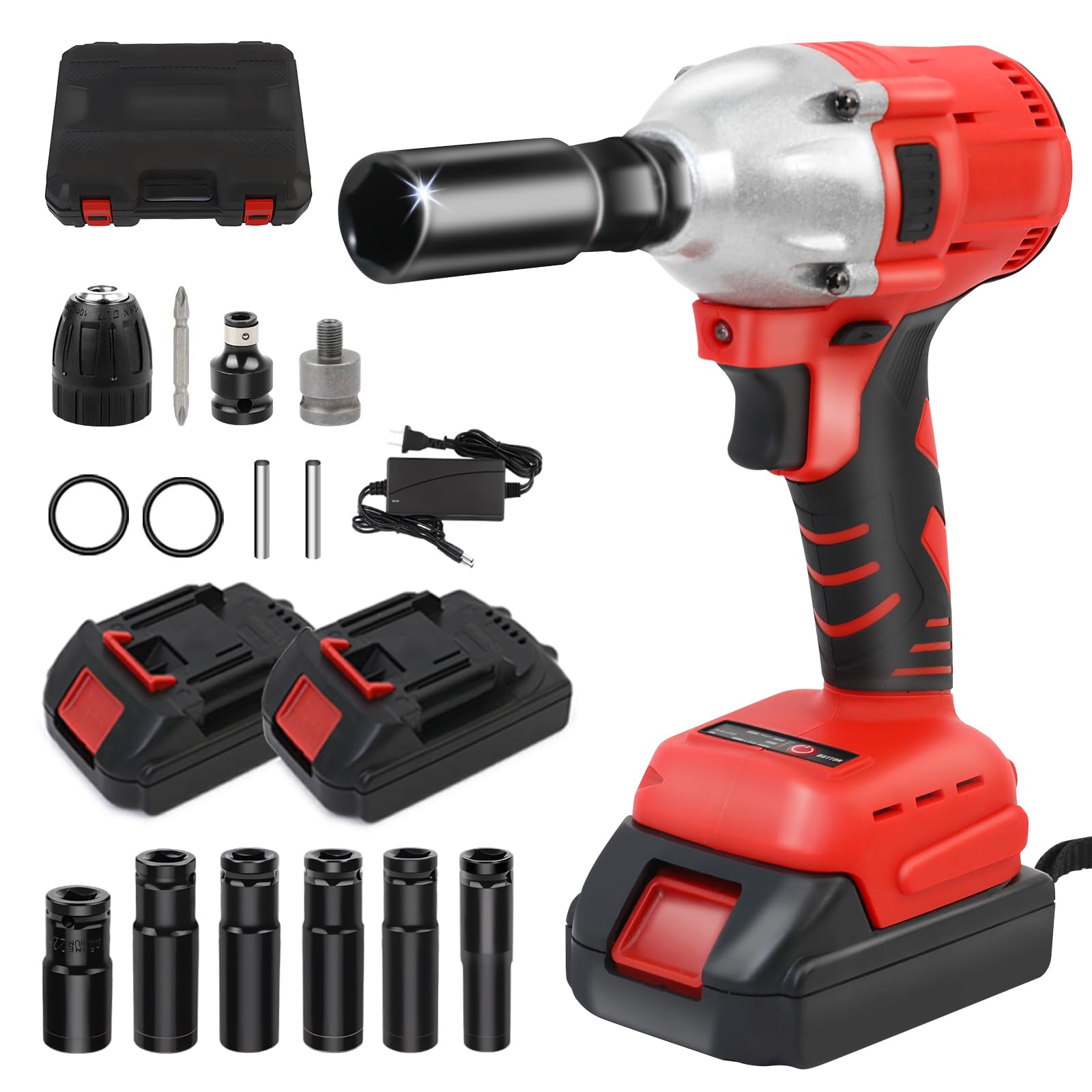 ALSO GO Cordless Impact Wrench 1/2", Electric Impact Gun 450N.m/330Ft-lbs, 20V High Torque Power Impact Driver, 2 Batteries & Fast Charger, 6 Sockets,