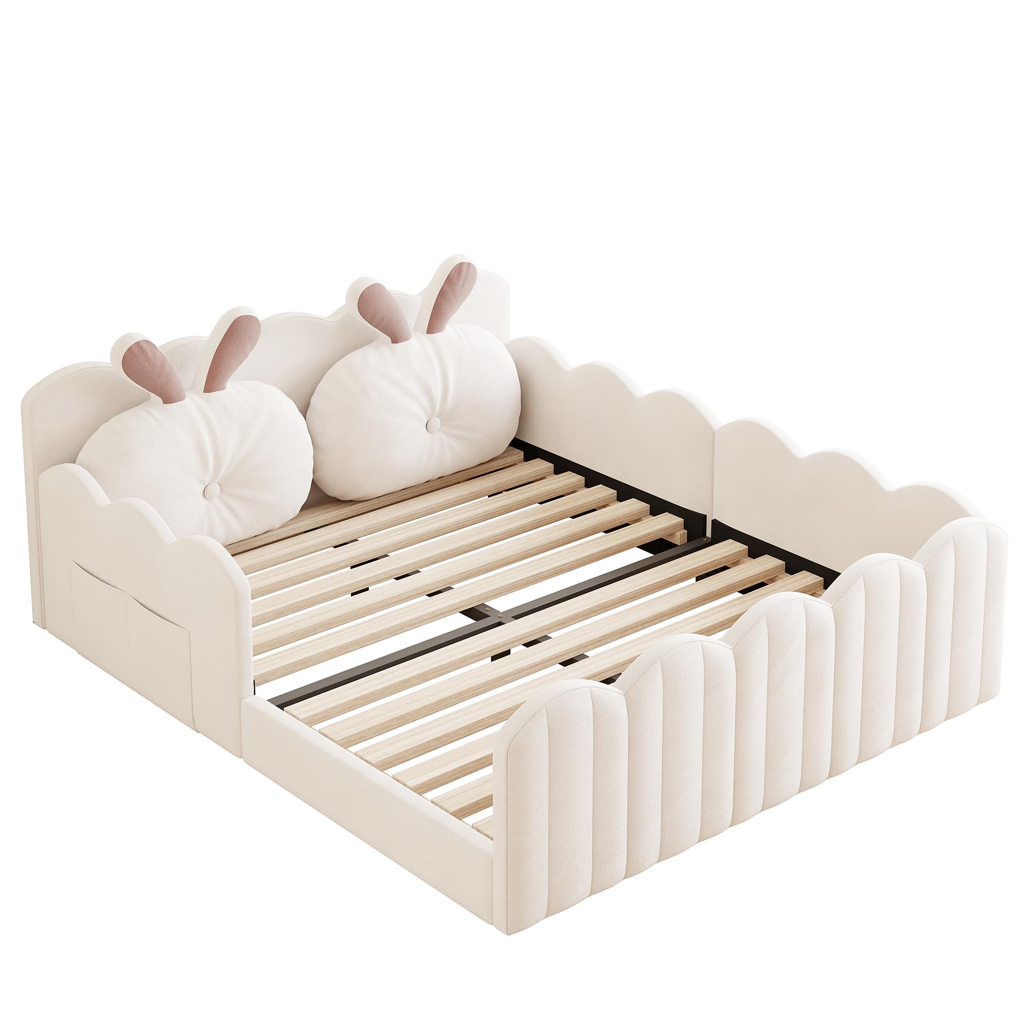Letto imbottito 140 x 200 cm, letto con cuscino a forma di coniglio, letto per ragazzi con griglia, lettino per appartamento (senza materasso) lino beige